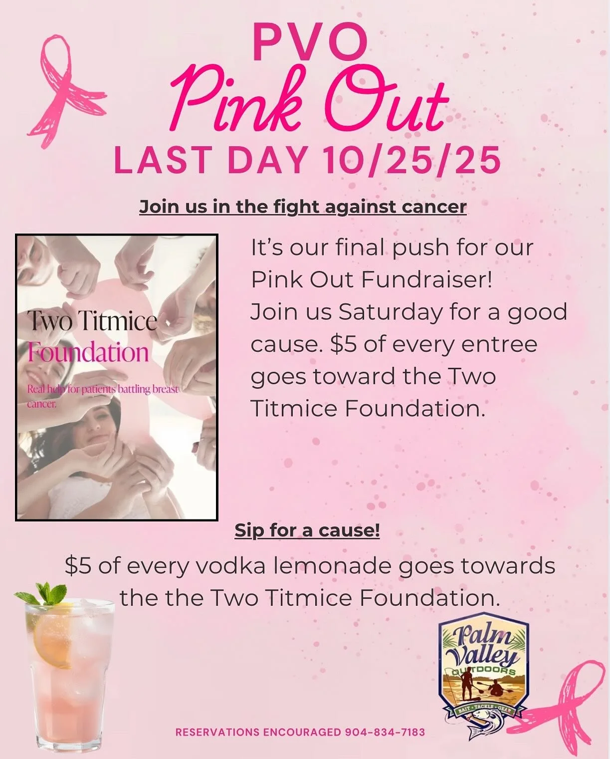 Grab a bite for a great cause THIS Saturday at Palm Valley Outdoors!  They will generously be donating $5 from every entr&eacute;e to benefit the Two Titmice Foundation, which helps local breast cancer patients pay their bills while they&rsquo;re una