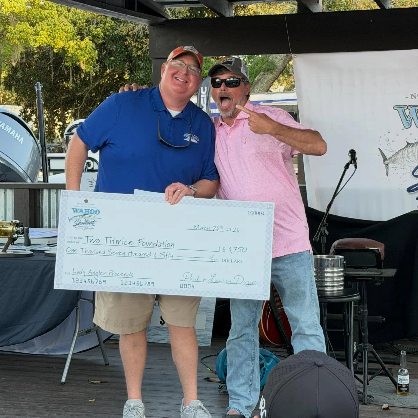 Wahoo Shootout Awards Ceremony last night!  The tournament generously donates funds from the lady angler Calcutta to our foundation, The Two Titmice Foundation. The organizers, Lauren Dozier and her husband, donated $1,750. Very nice!!! 

THEN the la