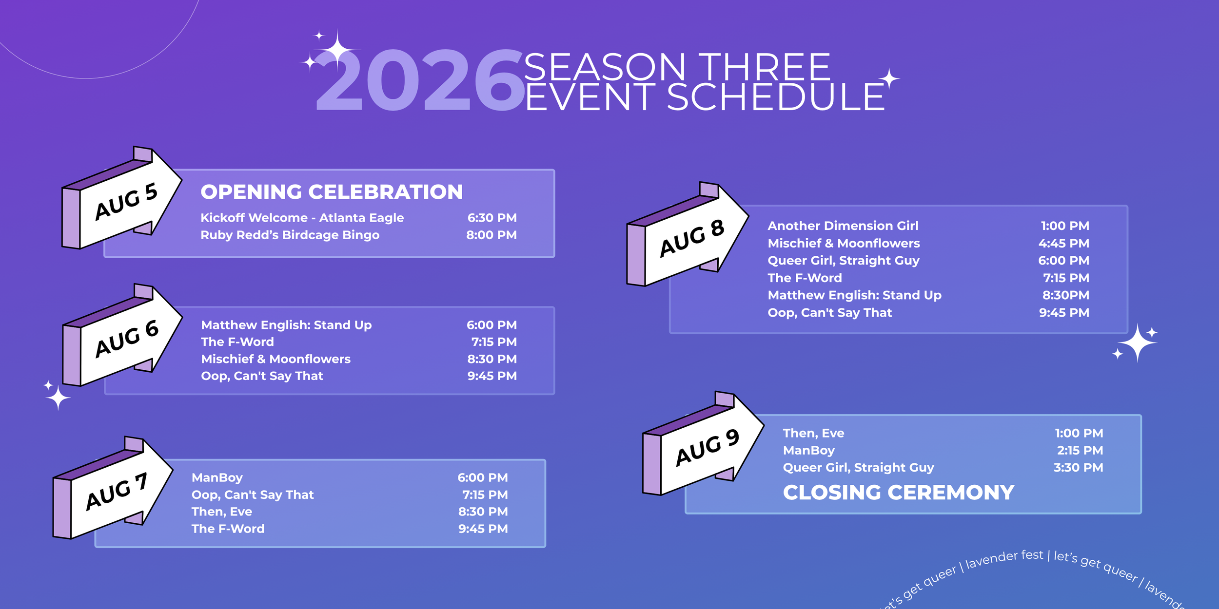 Lavender Fest Season Three Schedule breakdown.