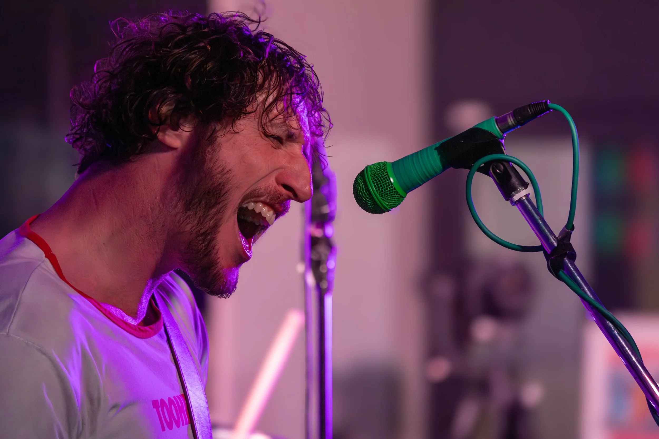 A man with curly hair and a beard singing into a green microphone during a performance, with purple stage lighting.
