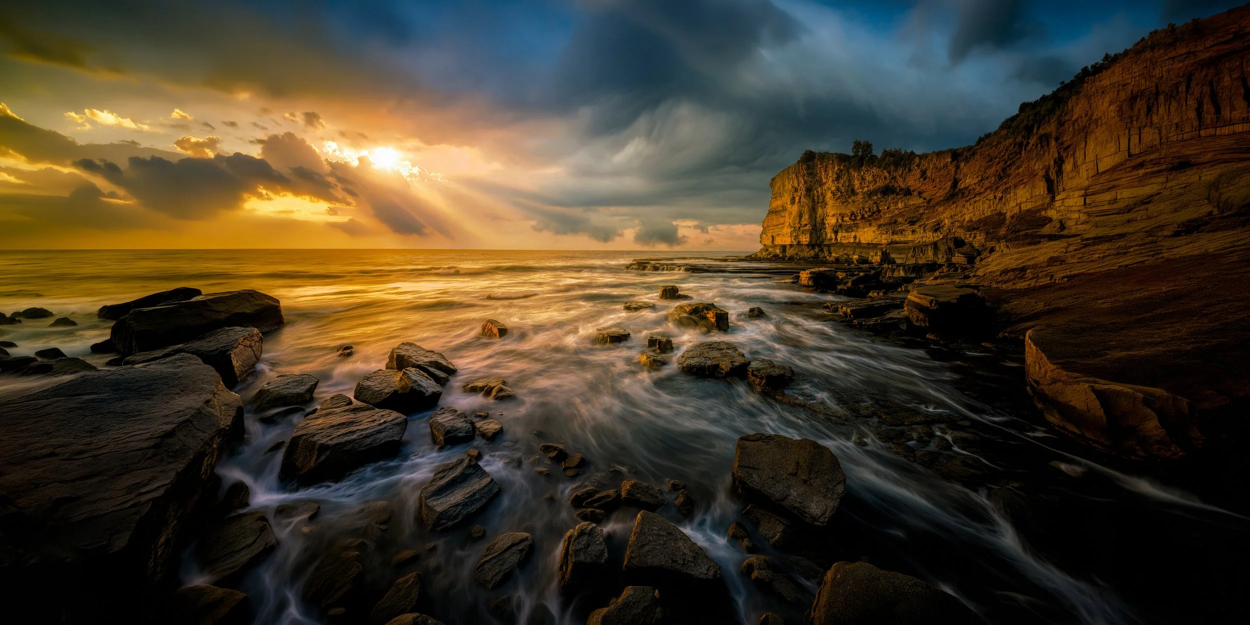 Sunset over a rocky shoreline with cliffs on the right and clouds overhead