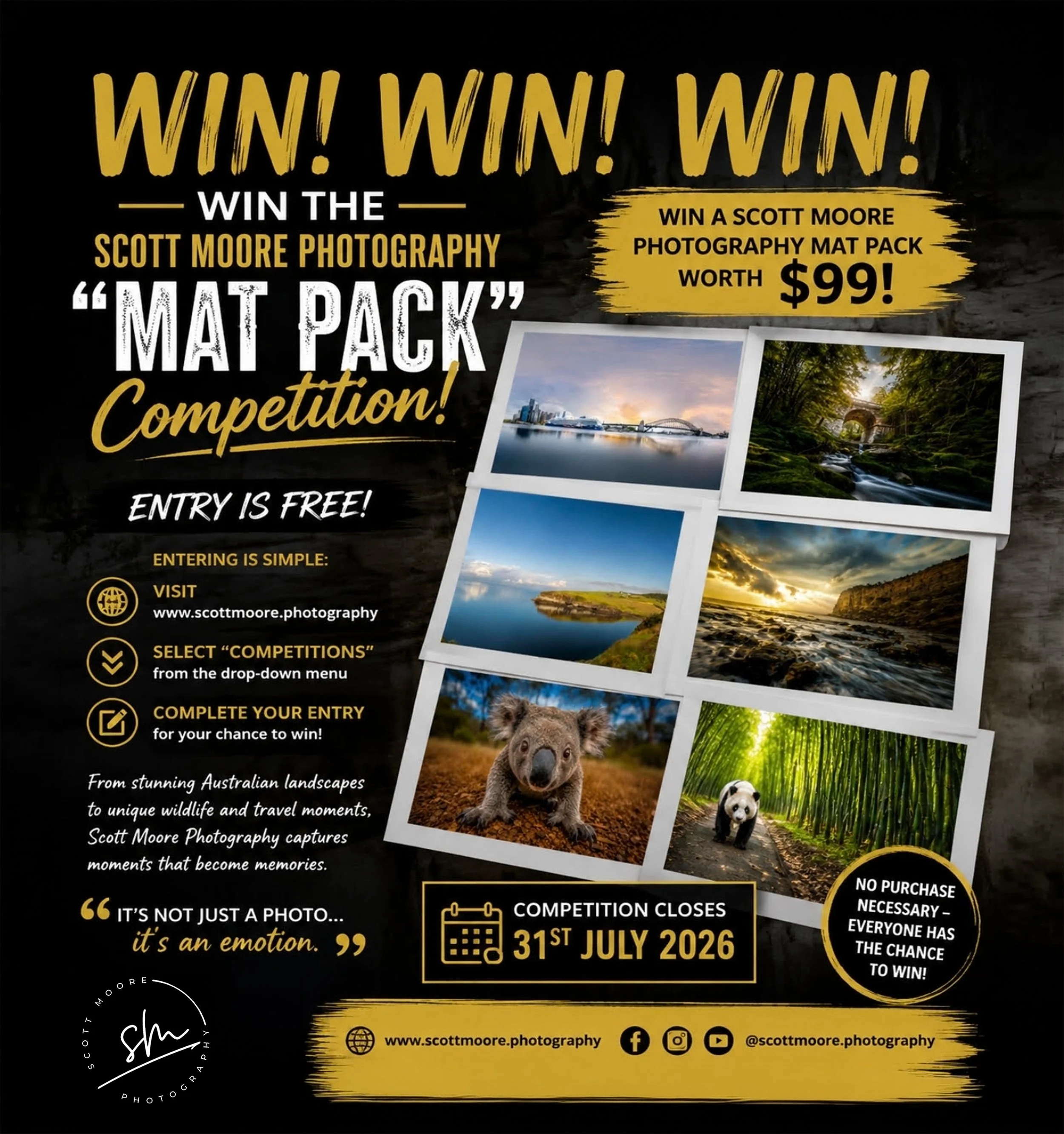 A promotional flyer for a photography competition hosted by Scott Moore Photography, featuring colorful landscape photos such as city skylines, forests, beaches, and wildlife, with details about the contest including date, entry rules, and prizes.