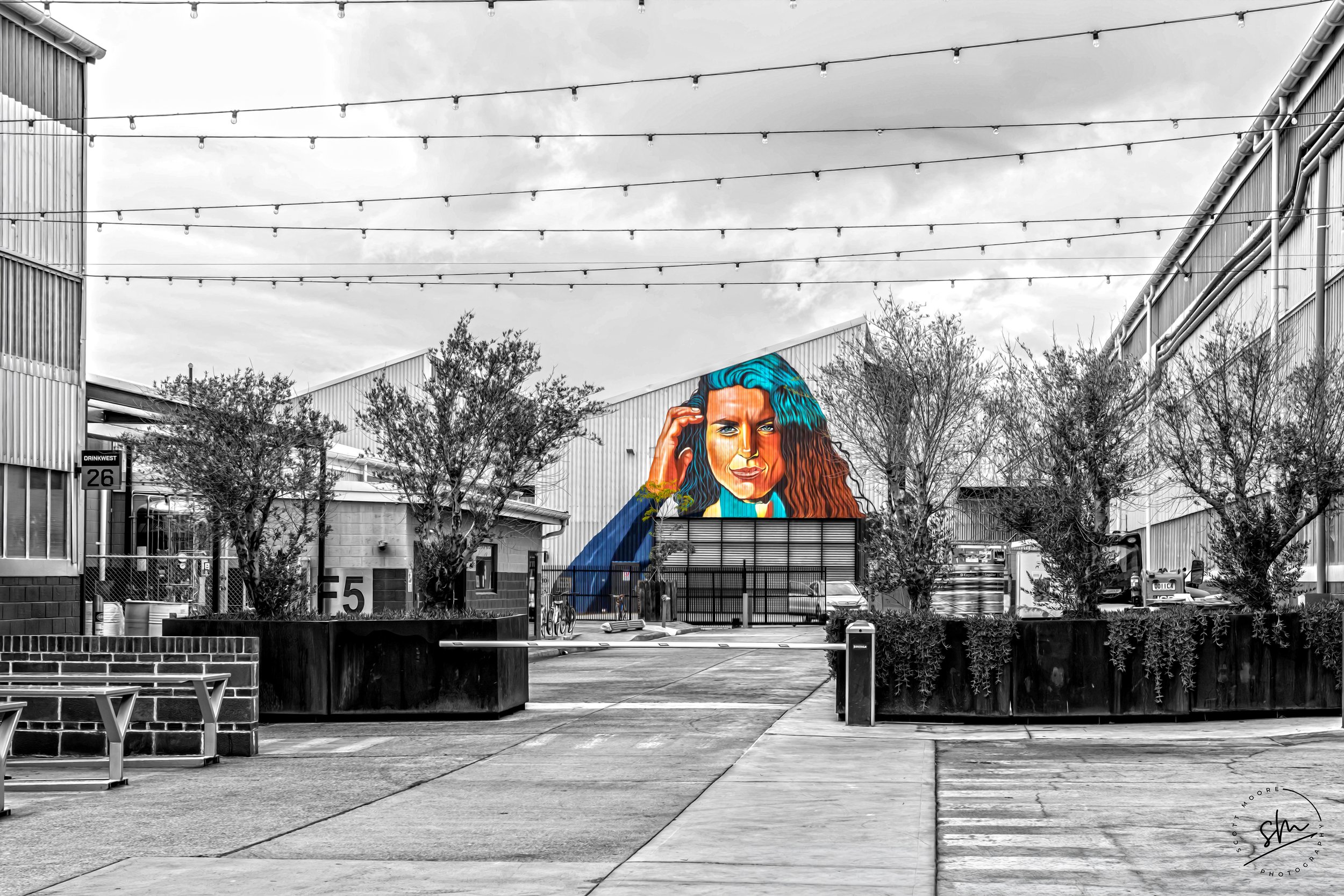 Colorful mural of a woman with blue hair and a confident expression on a building in an urban setting, black and white surroundings, with trees and parked cars.