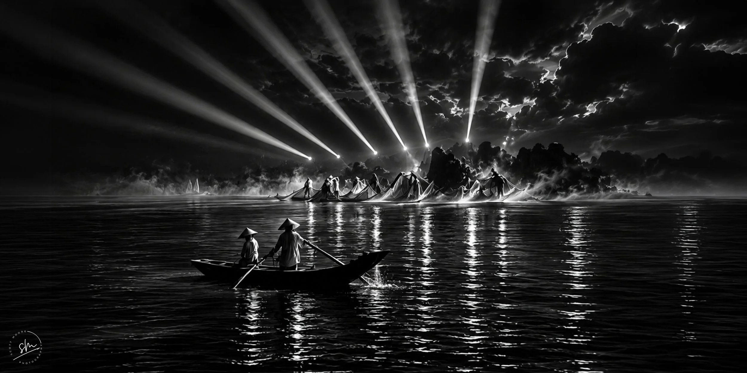 People on a boat at sea with clouds and lightning in the sky, and more boats with lights in the distance.