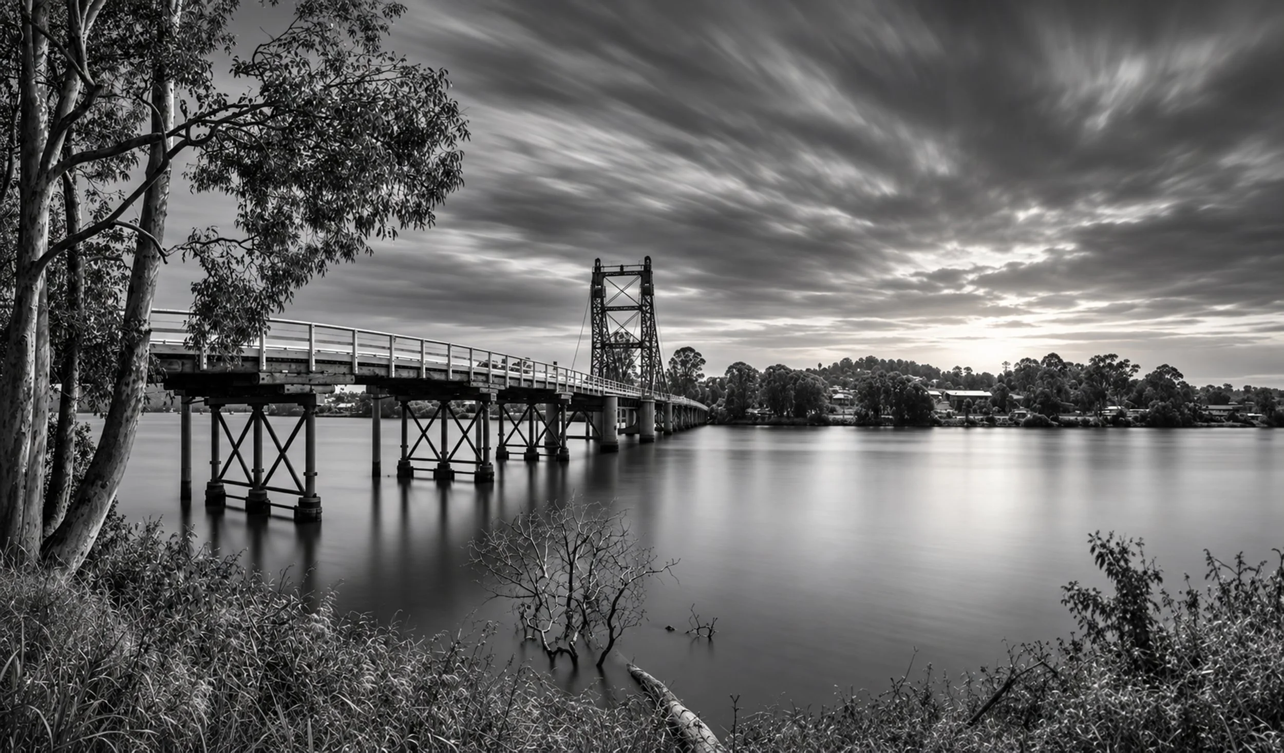 Black and white photo of a bridge over a body of water, with trees in the foreground and a cloudy sky.