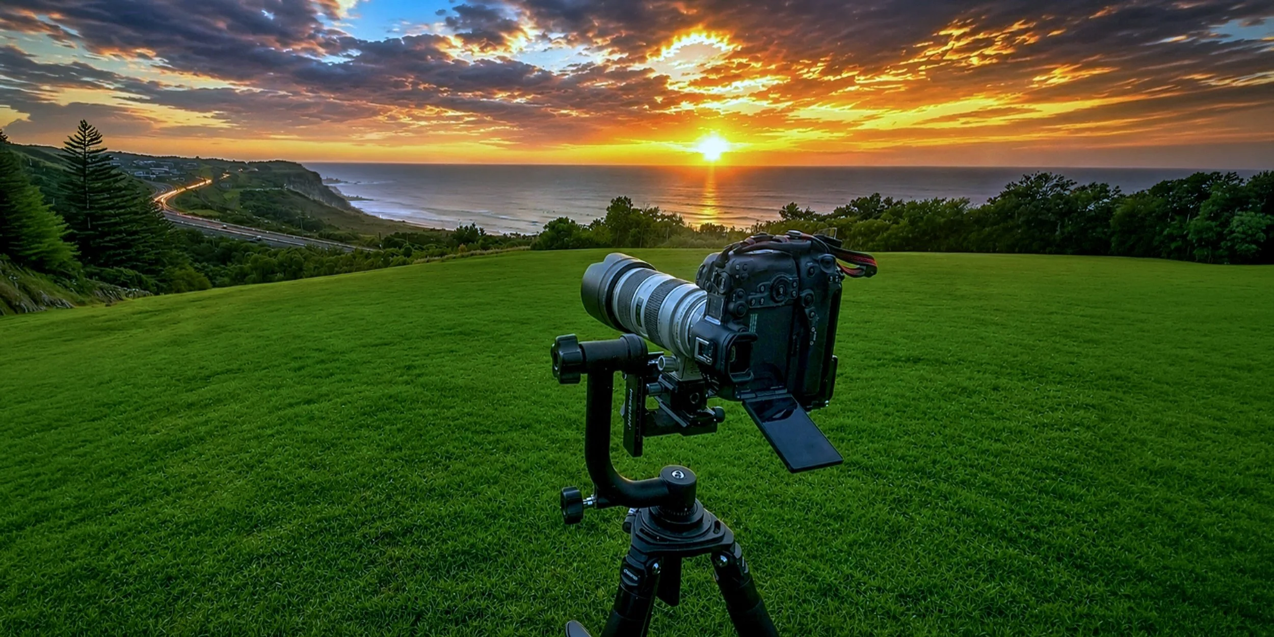 A professional camera on a tripod positioned on a lush green lawn, capturing a scenic sunset over the ocean with clouds in the sky, trees, and a winding road in the background.