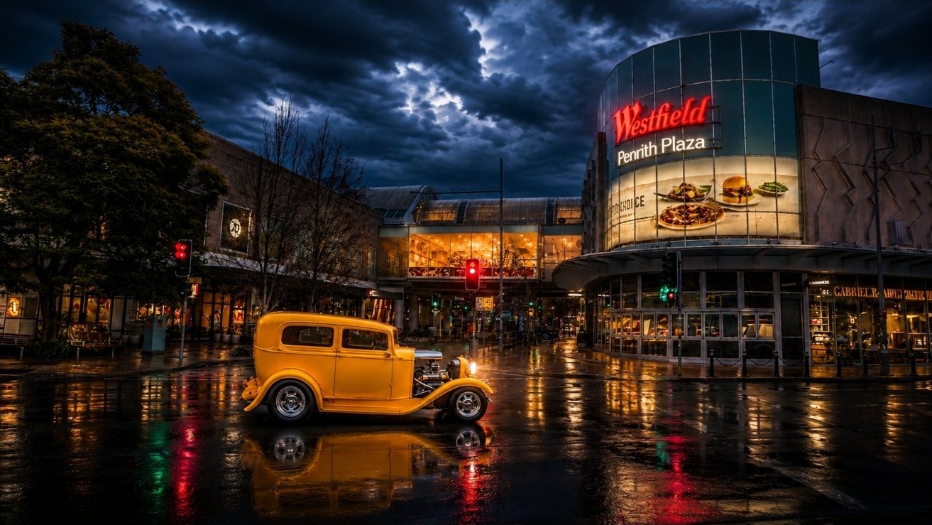A wet city street at dusk with an old yellow car in the foreground, traffic lights, a lit shopping mall with a "Westfield Penrith Plaza" sign, and a dark cloudy sky.