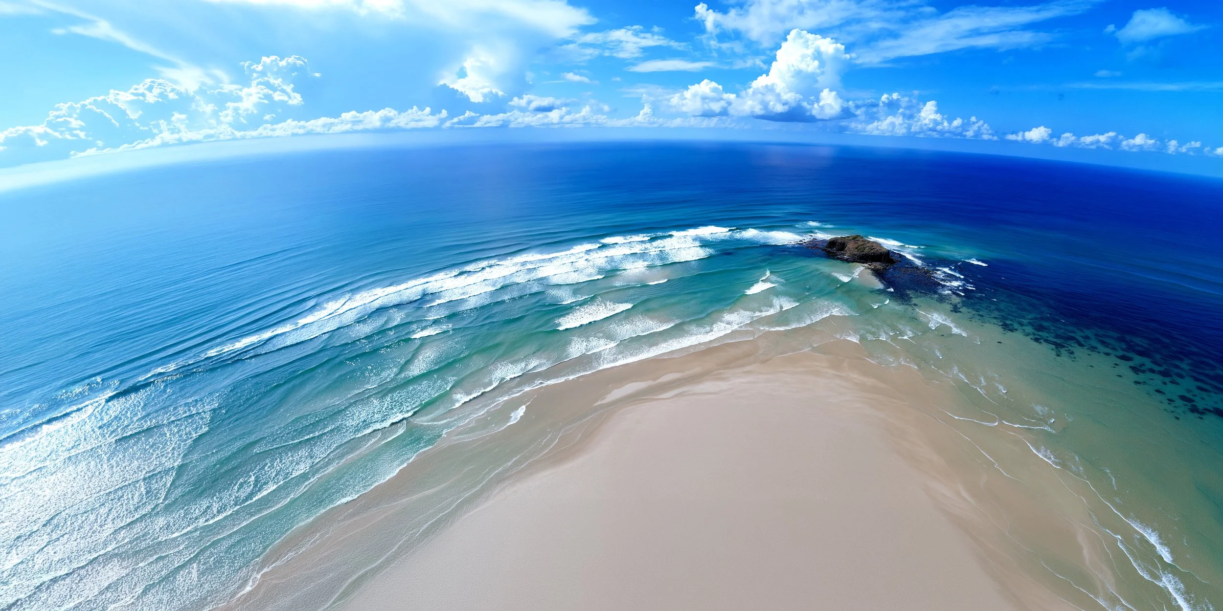 Aerial view of a sandy beach with turquoise ocean waves and a rocky outcrop under a partly cloudy sky.