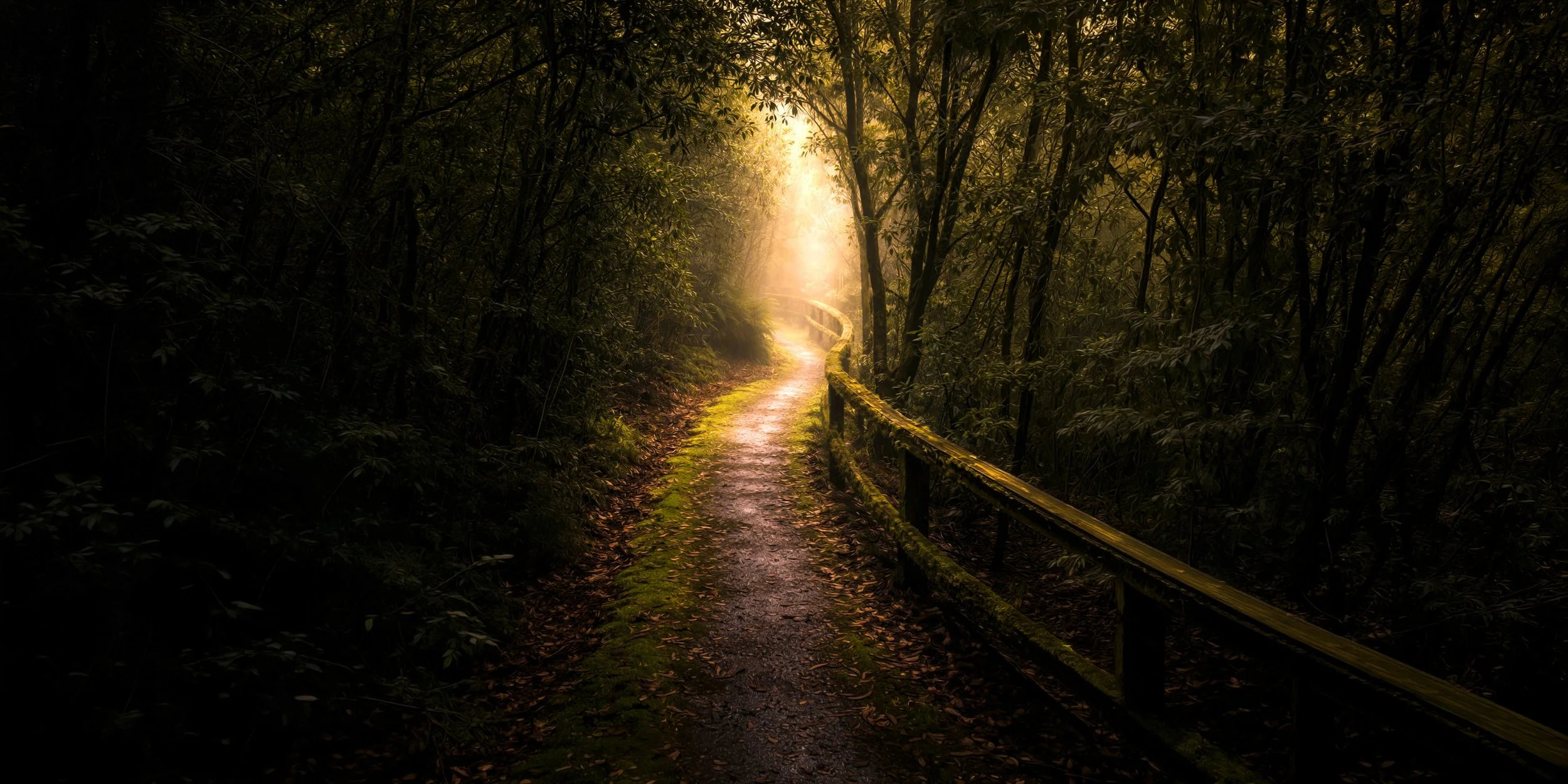 A narrow forest trail illuminated by sunlight, bordered by a wooden fence on the right side, with dense trees and foliage on either side.