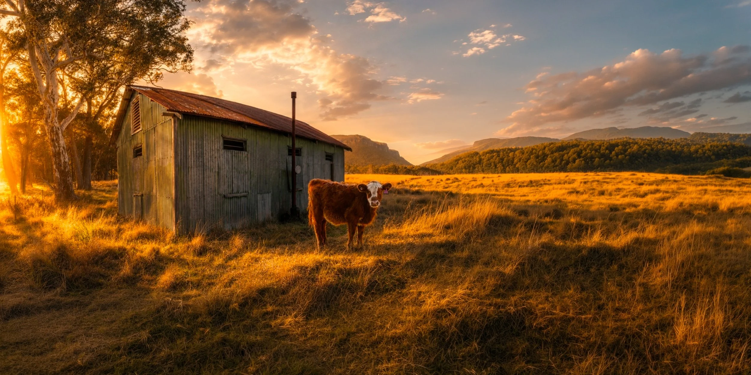A cow standing on a grassy field next to an old barn at sunset, with mountains in the background and a partly cloudy sky.