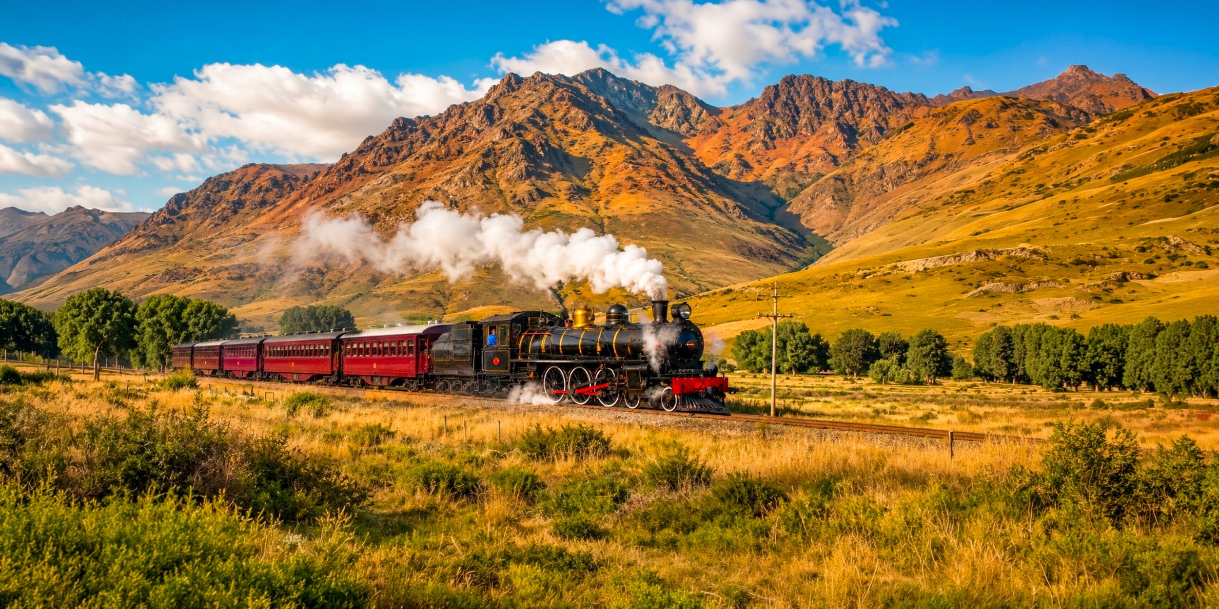 A vintage steam train with red passenger cars traveling through a scenic landscape of green trees, yellow grass, and mountain ranges under a partly cloudy blue sky.