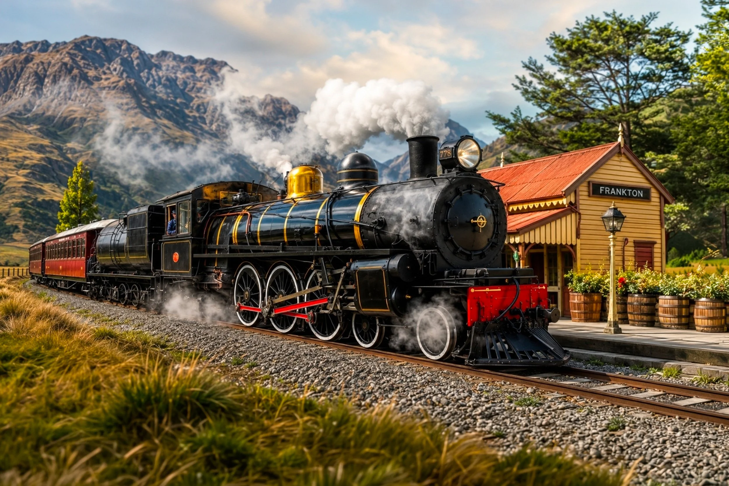 A black steam train with a gold bell and red wheels is traveling on a track past a small yellow train station labeled 'Frankton,' with mountains and a partly cloudy sky in the background.