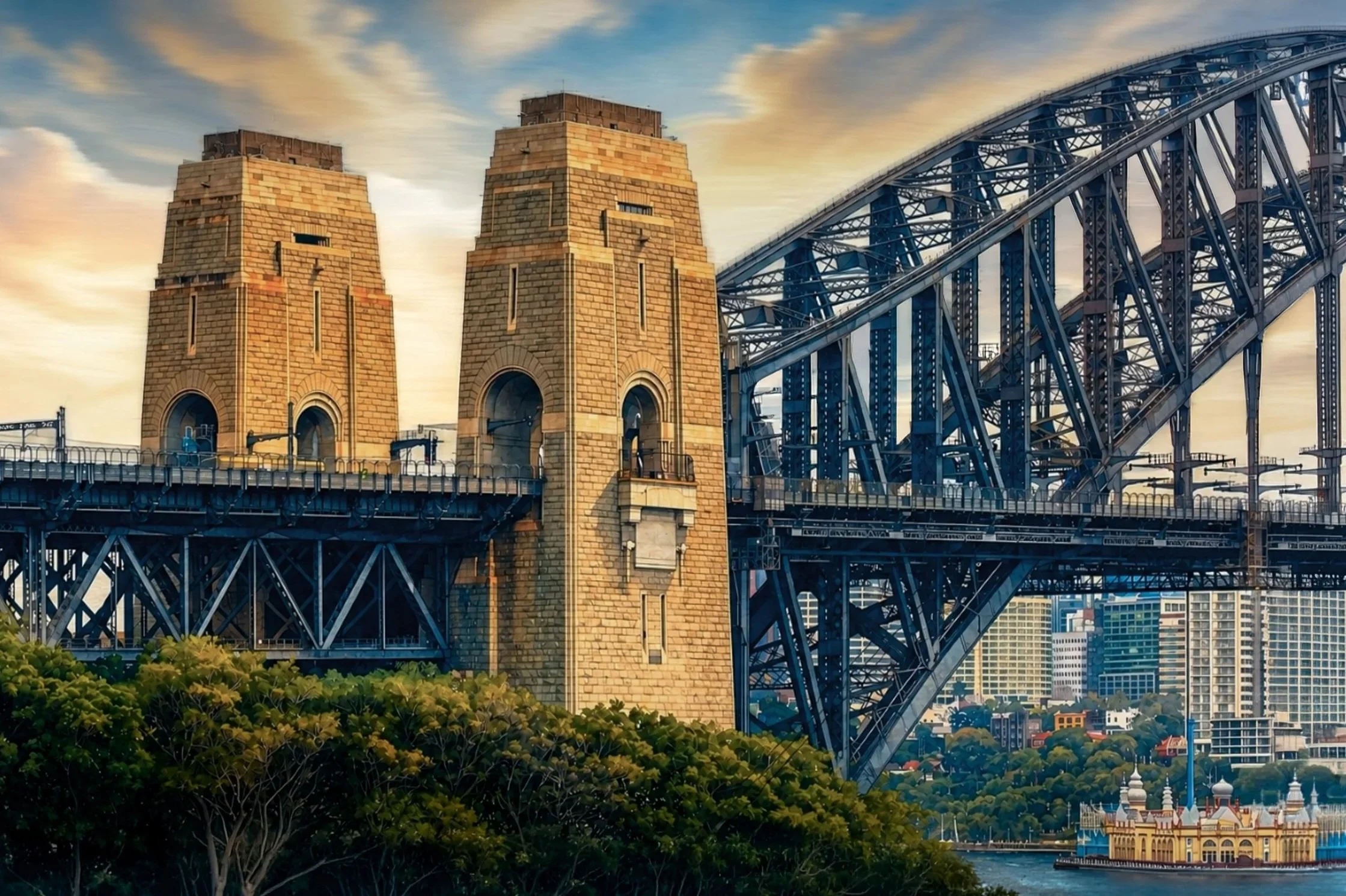 View of Sydney Harbour Bridge with large brick pylons in the foreground, city buildings in the background, and a boat on the river, under a partly cloudy sky.