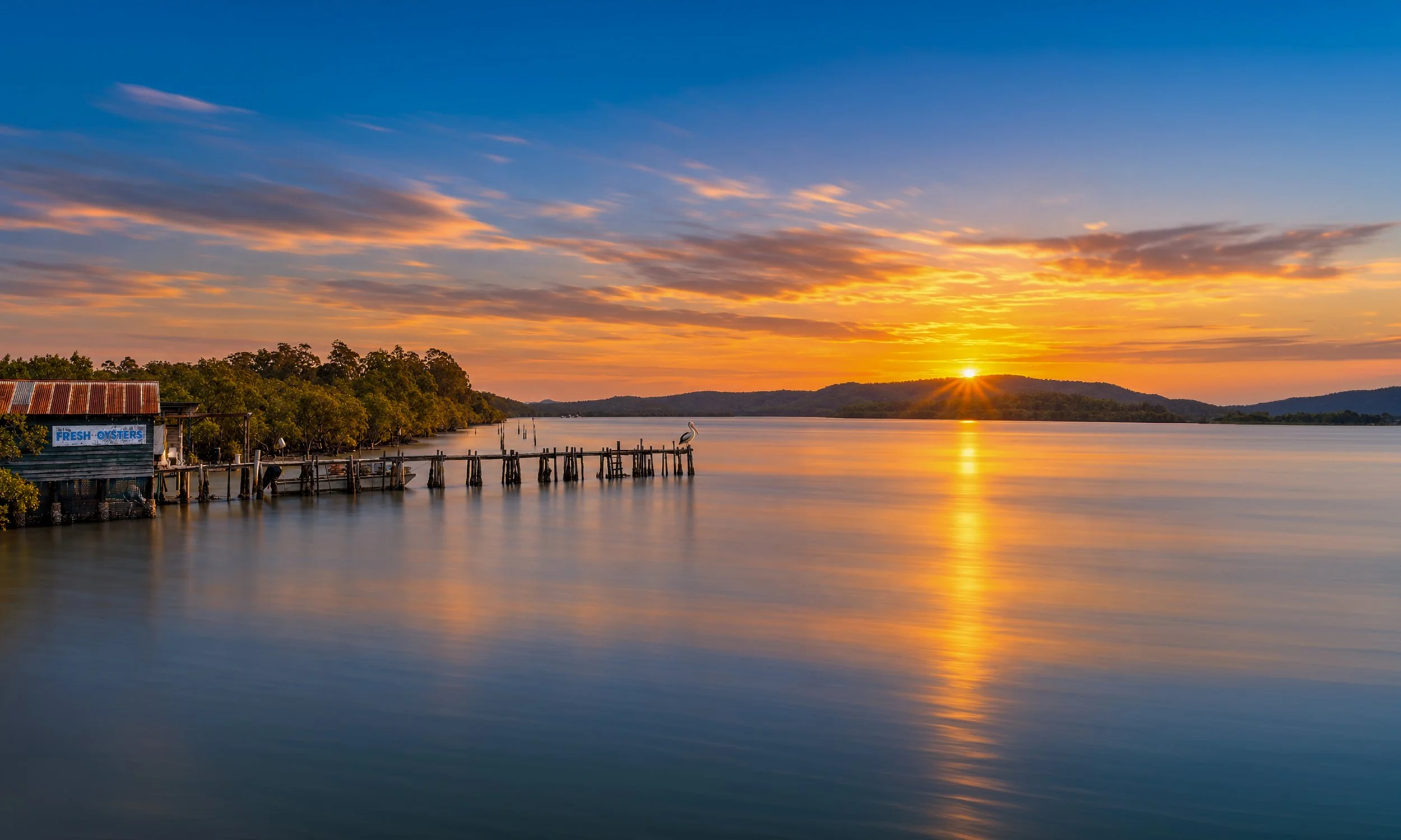 Sunset over a tranquil river with a wooden dock and a heron standing on the dock, with trees along the shoreline and a partly cloudy sky.