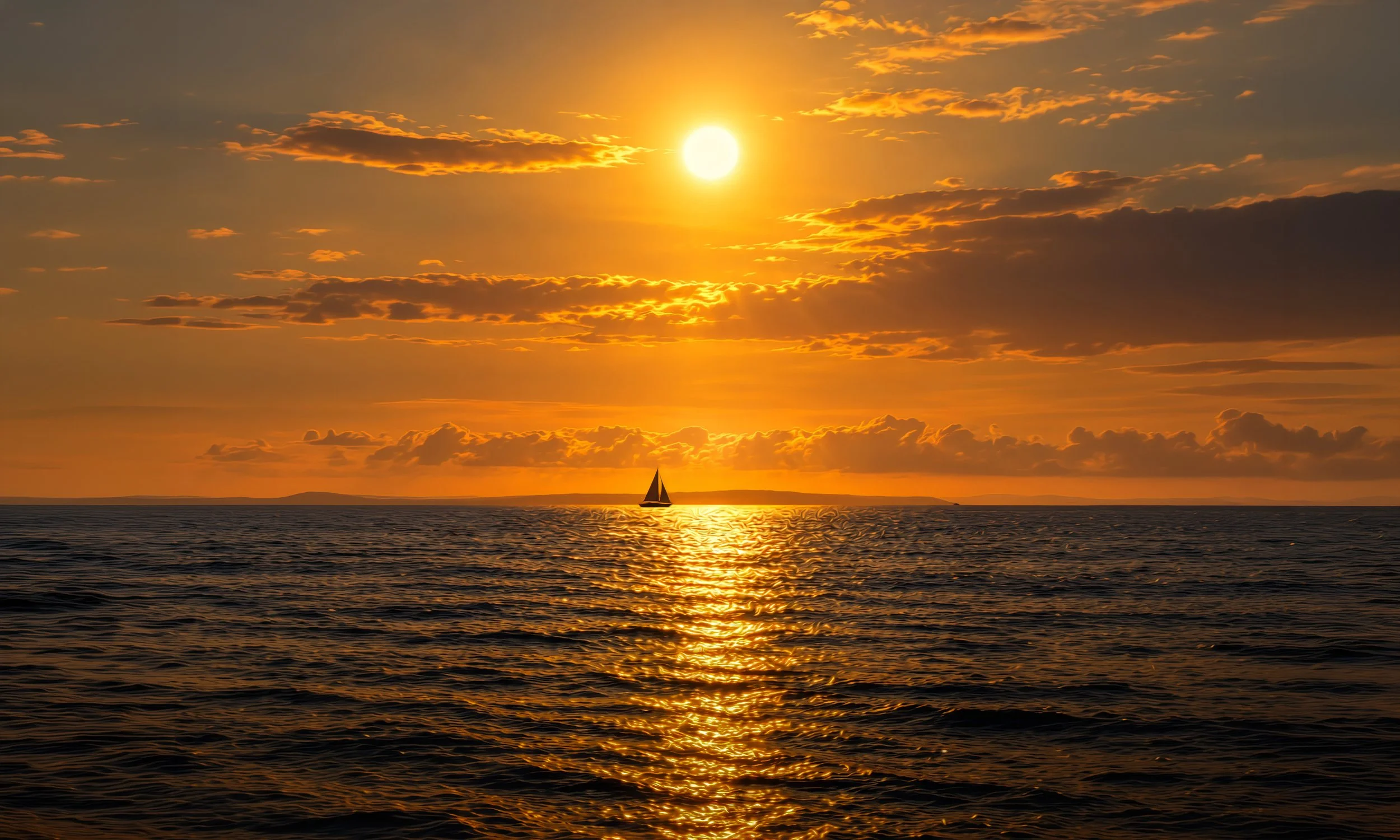 A sailboat sailing on calm water during sunset with a bright sun and orange clouds in the sky.