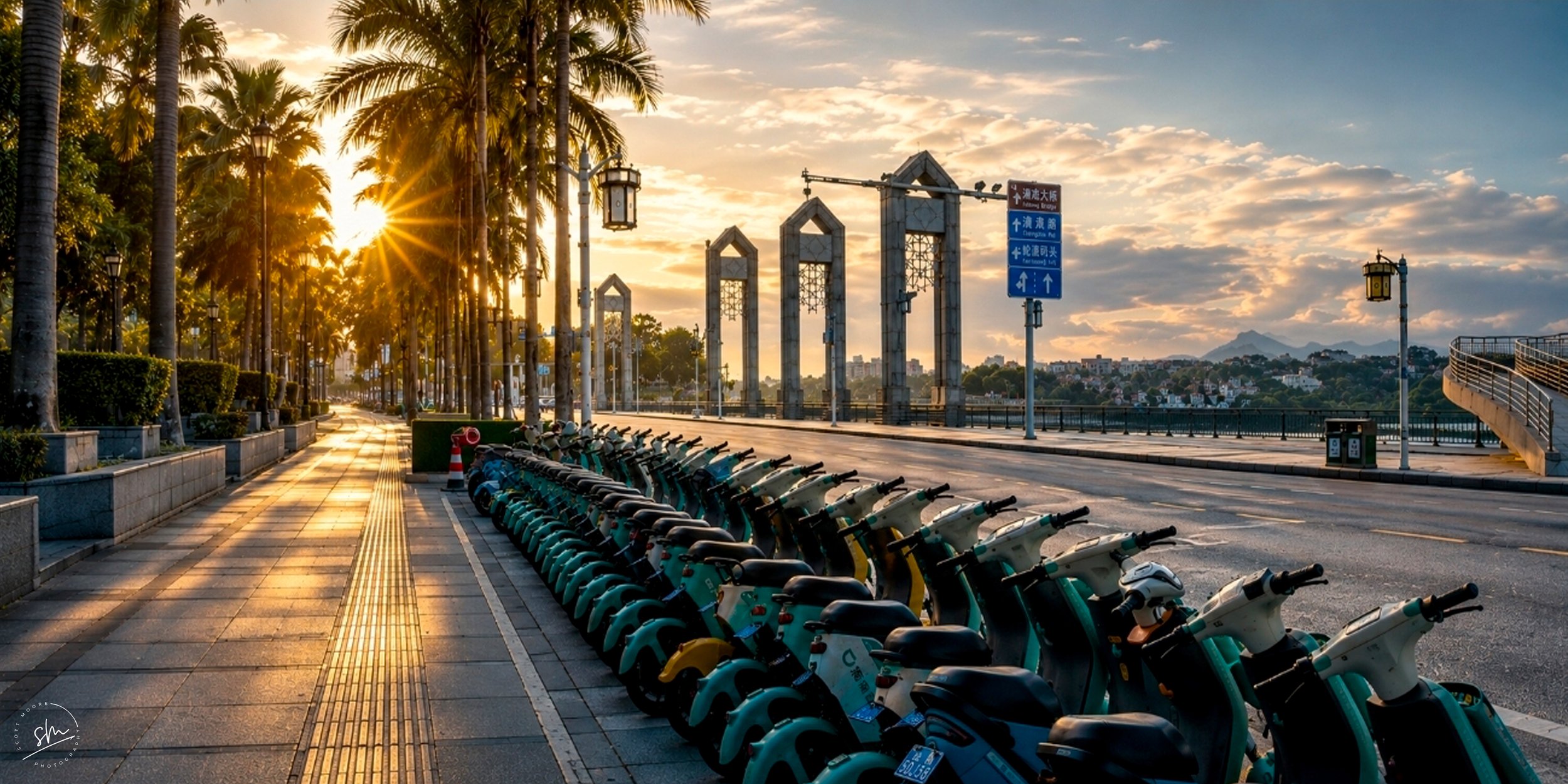 Row of parked electric scooters along a sidewalk with palm trees, street lamps, and signs at sunset.