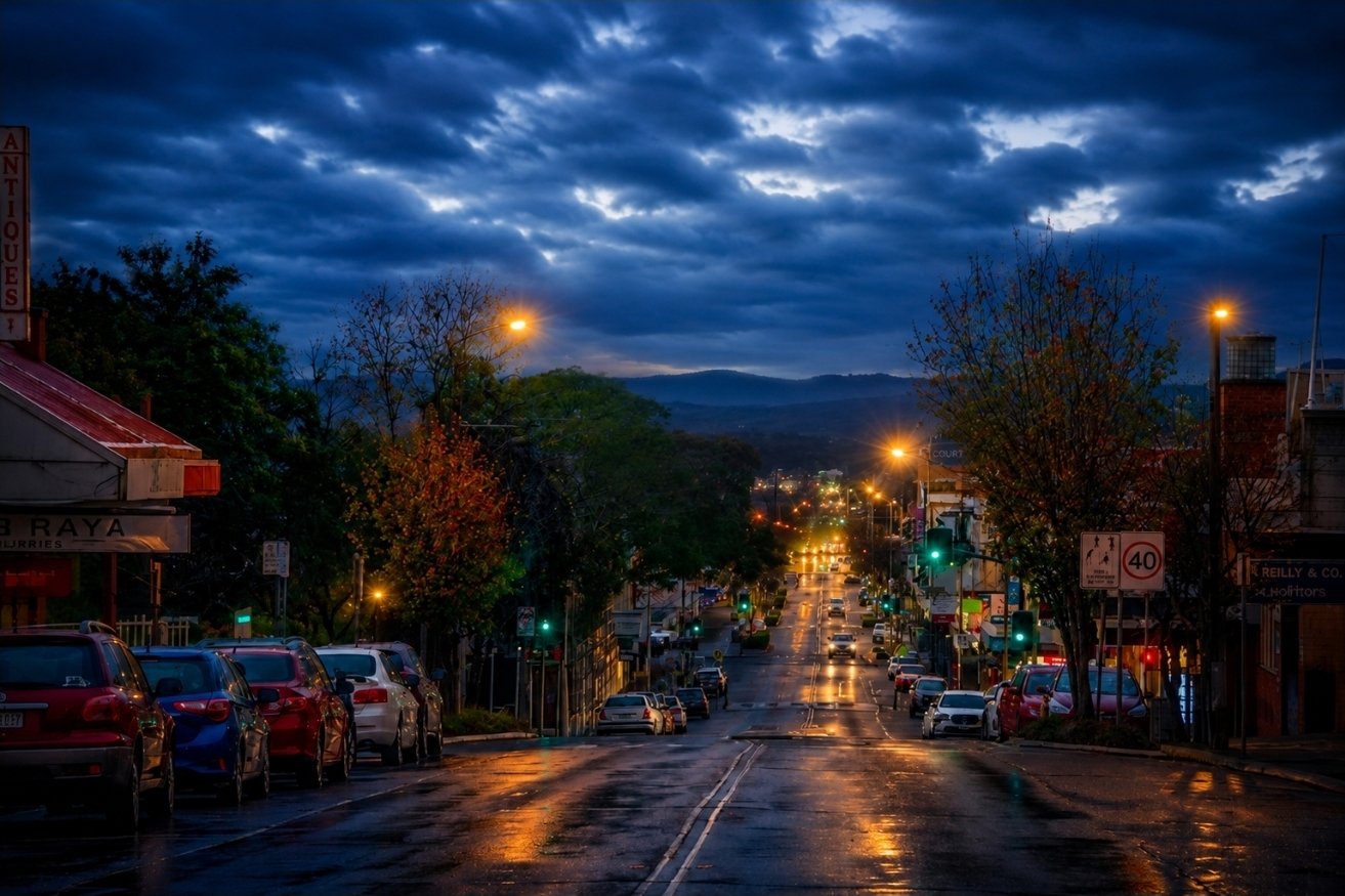 A small town street scene at dusk with the sky partially cloudy, streetlights on, and cars parked along both sides of the wet road reflecting the lights.