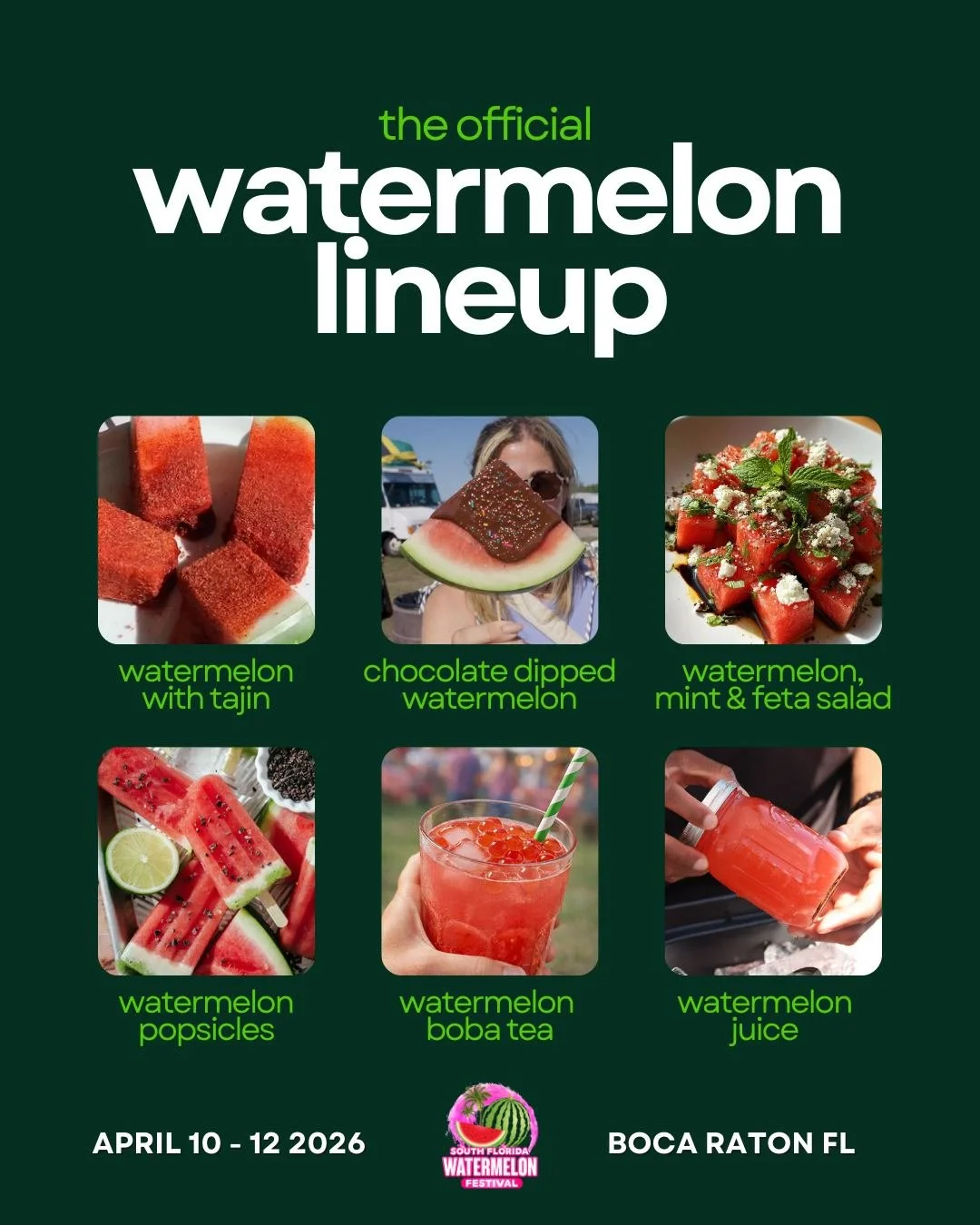 The Official Watermelon Lineup is HERE! 🍉🥤 From fresh slices to frozen lemonade, boba tea, Italian ice, and even chocolate-dipped delights, this is our juiciest lineup yet. Which one are you trying first?

⏰ April 10-12, 2026
📍South County Park | 