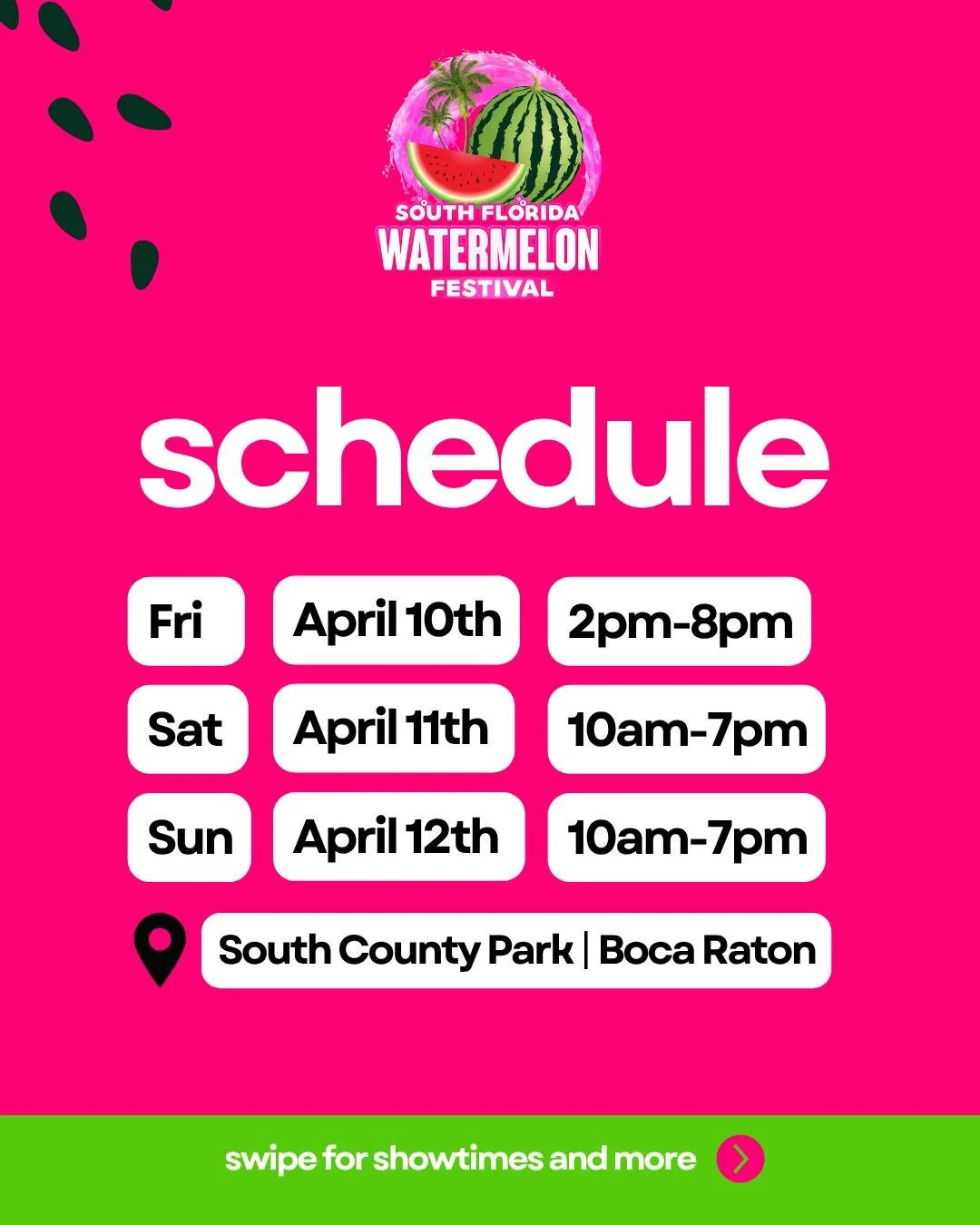 Your game plan for the South Florida Watermelon Festival ☀️

From crowd favorite contests to the LIVE AGT stunt show, you won&rsquo;t want to miss a minute! Check the full schedule, plan your day, and lock in your must see moments 🔥

Comment &ldquo;