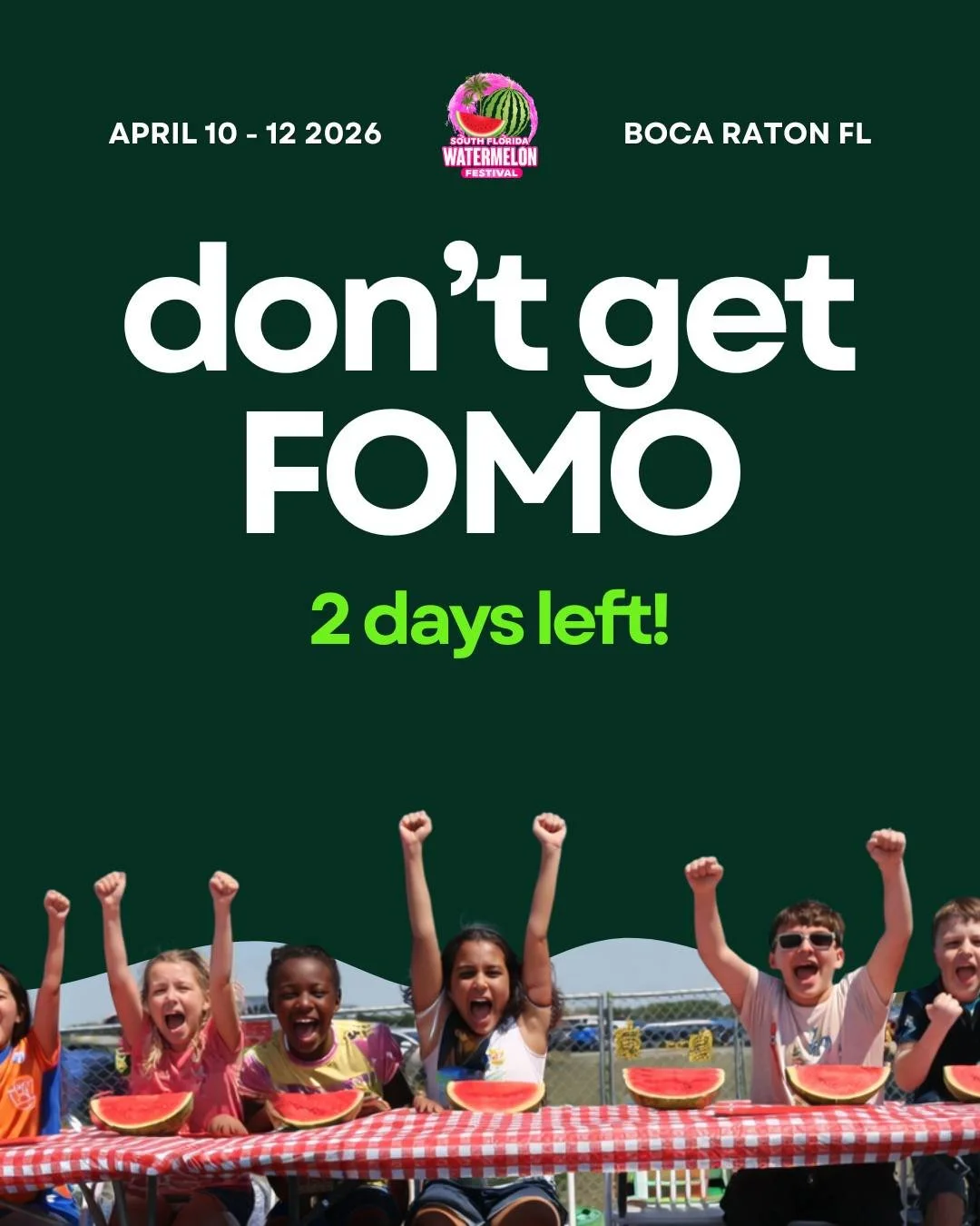 🚨DON&rsquo;T GET FOMO 🚨 2 Days left to enjoy 16 inflatables + obstacle courses, 14 carnival rides, 10 chances to win cash prizes, 9+ watermelon delights, the AGT live animal stunt show and so much more!

Comment &ldquo;BITE&rdquo; and we&rsquo;ll D
