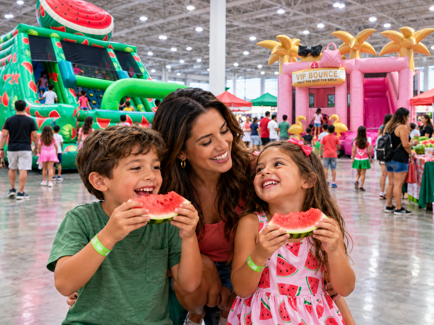 Family enjoying watermelon at the indoor festival