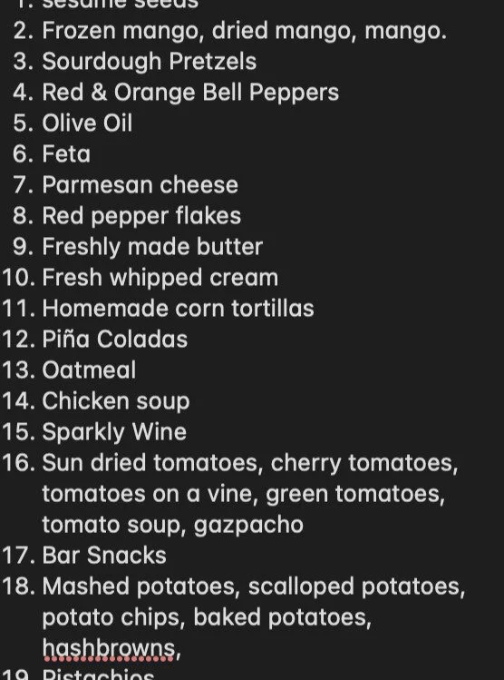 a cropped photo of a partial list of foods i like that also actually delight me.