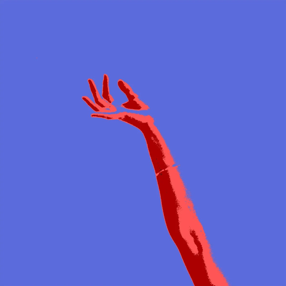 Artistic depiction of a red hand and forearm reaching upward against a blue background.