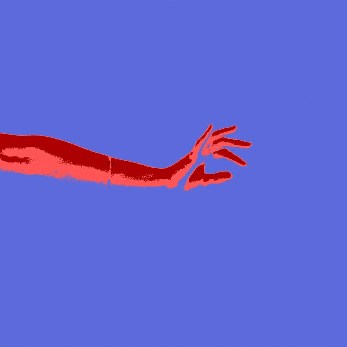 Digital illustration of a red arm and hand reaching out against a blue background.