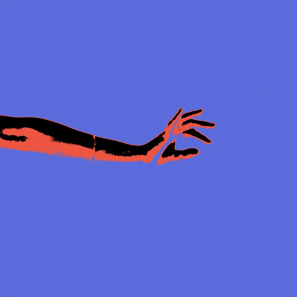 A stylized, abstract digital illustration of an outstretched hand and arm with long, slender fingers, set against a blue background.