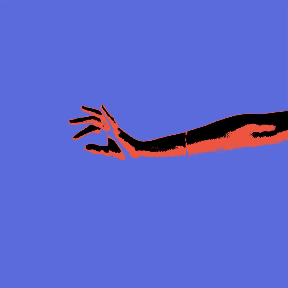 A stylized illustration of a human arm and hand reaching out with fingers slightly curled, set against a blue background.