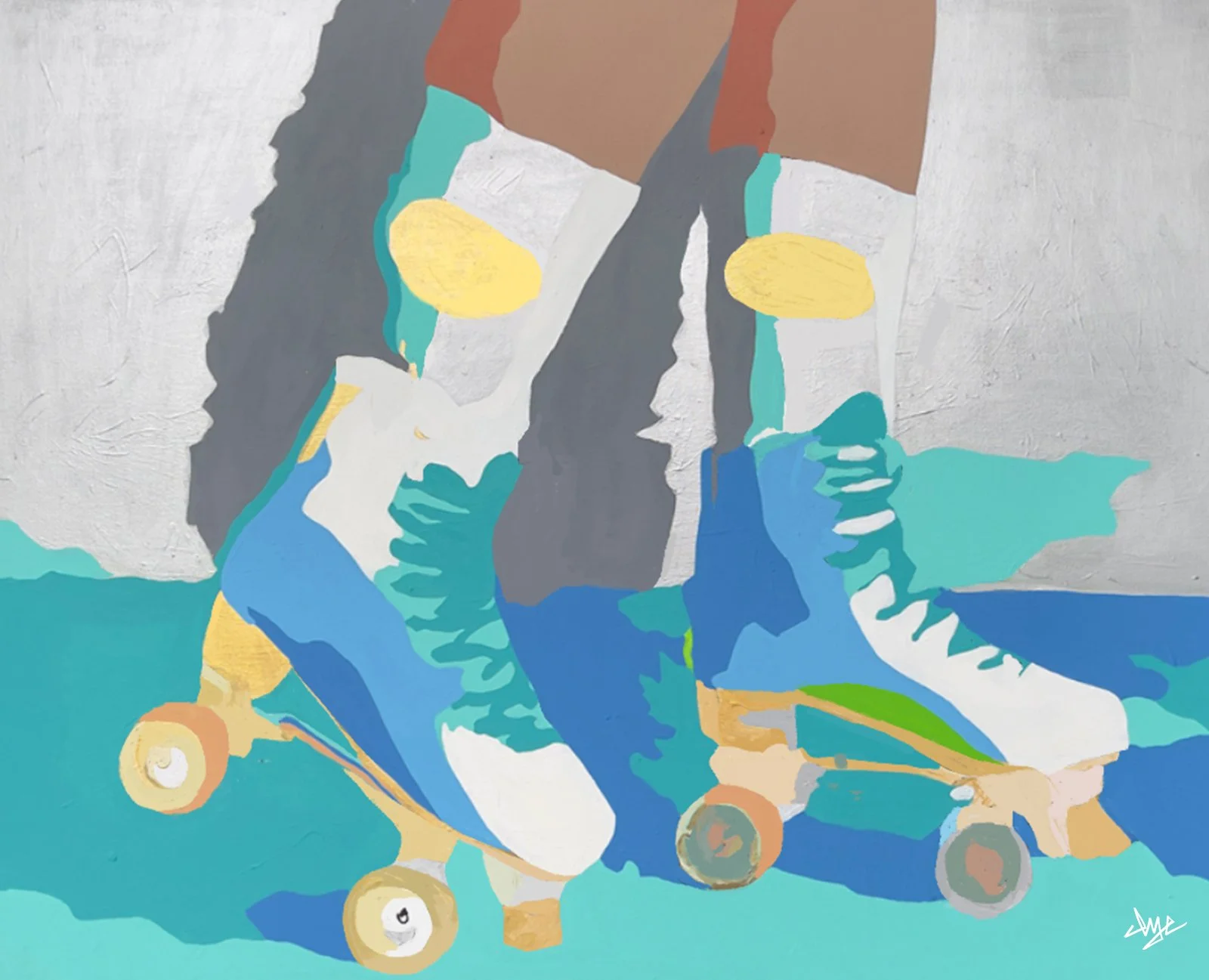 Abstract painting of a person riding a skateboard with the person's face not visible, using shades of blue, white, yellow, green, and gray.