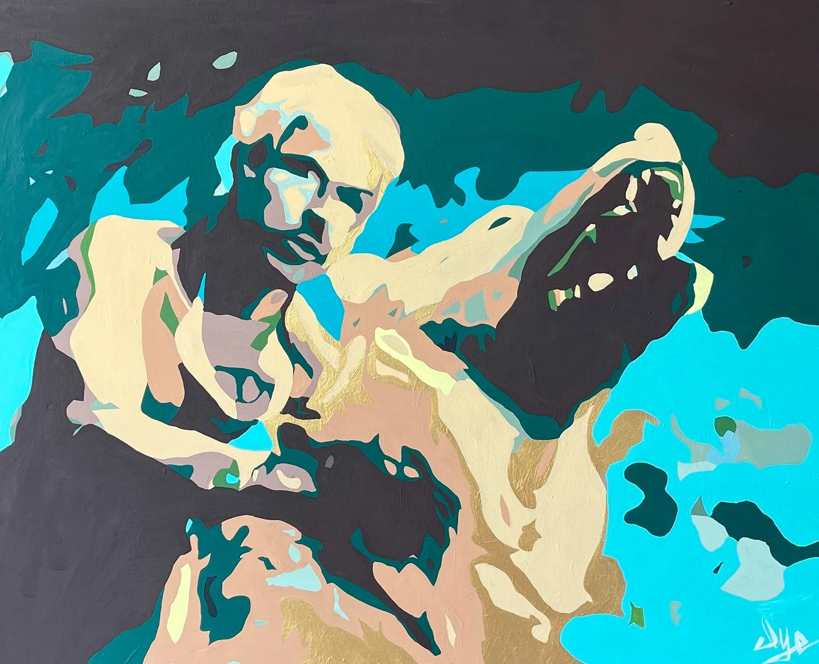 Abstract painting of a man and a woman, with the man wearing glasses and the woman pointing, using bold colors and broad brush strokes.