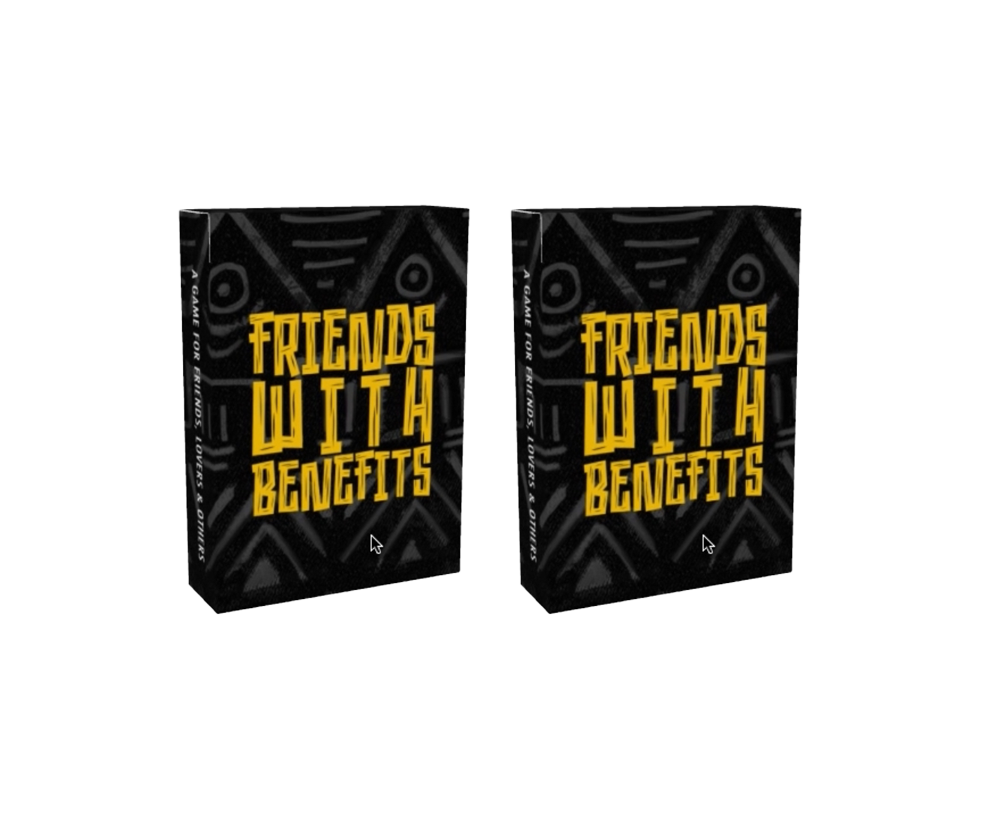 Two black boxes with yellow text that say "Friends with Benefits" positioned side by side.