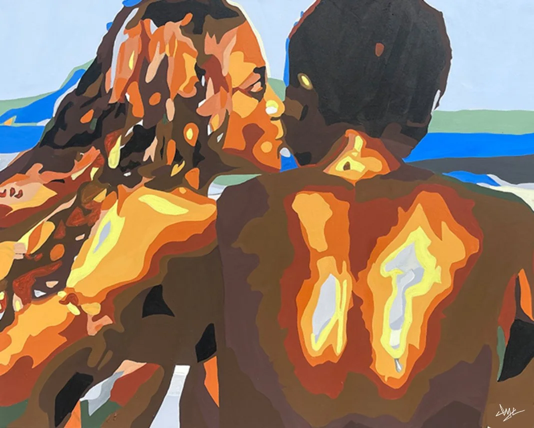 A colorful, stylized painting of a woman with braids and a man facing each other, close-up shot of their faces and shoulders. The background shows a blue sky and distant landscape.