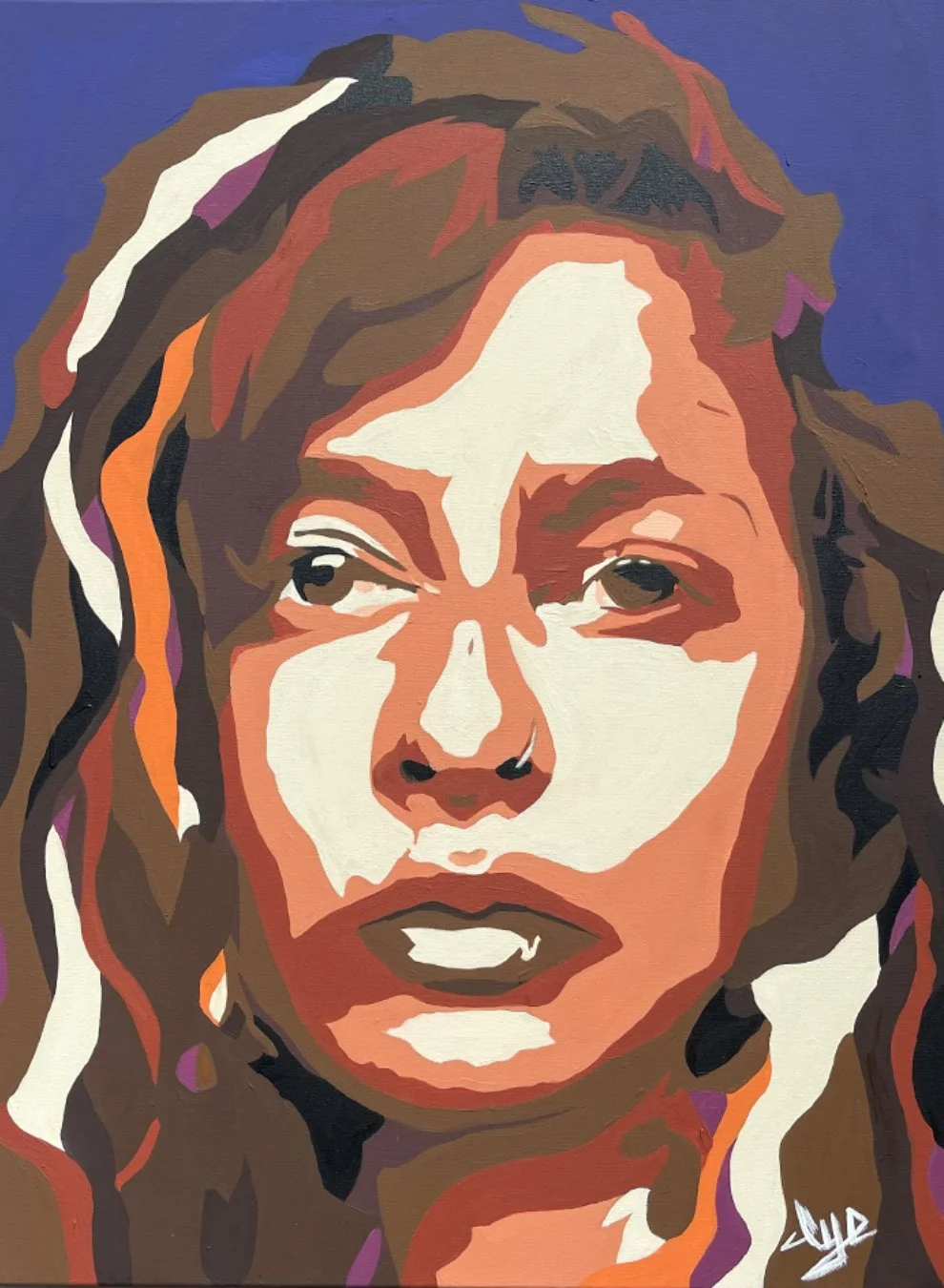 Portrait of a woman with wavy hair, painted with bold, colorful strokes, set against a plain background.