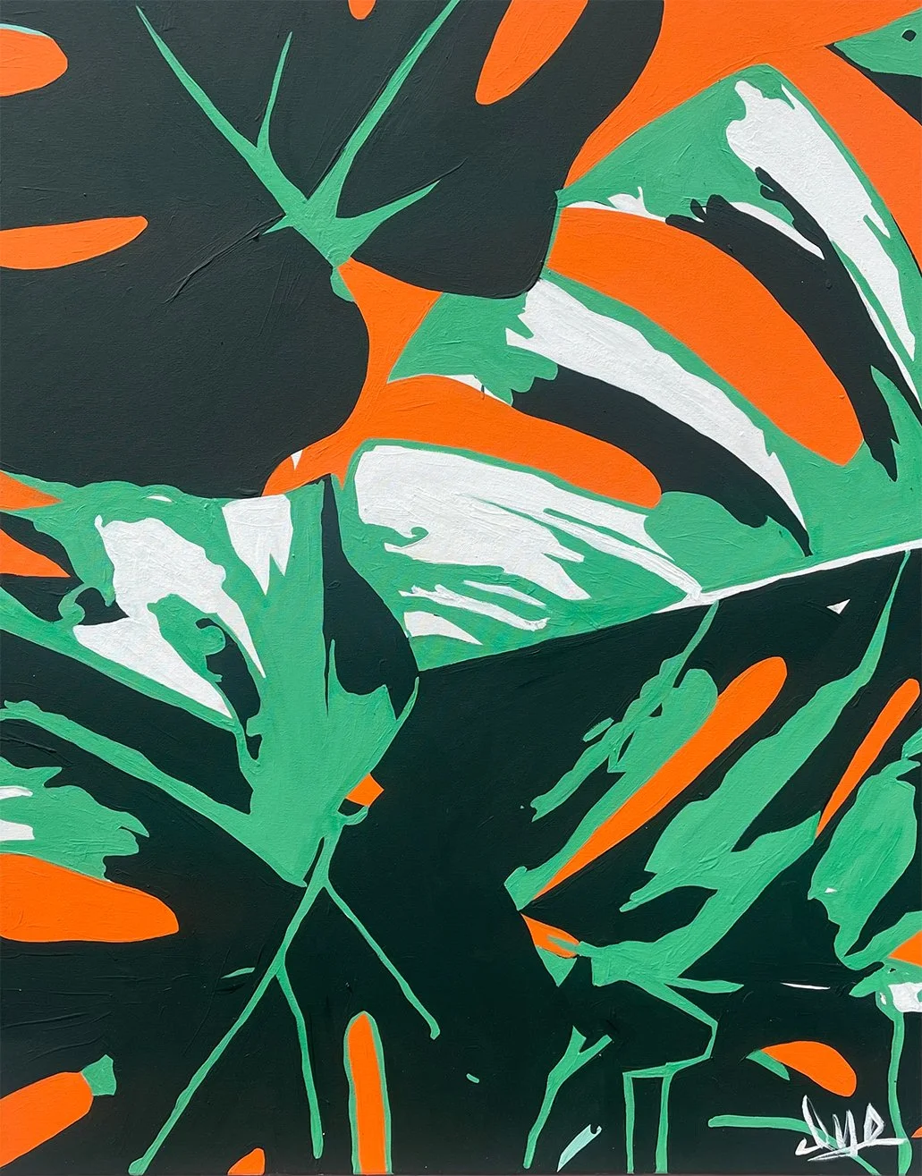 Abstract painting of tropical leaves in green, black, white, and orange colors.