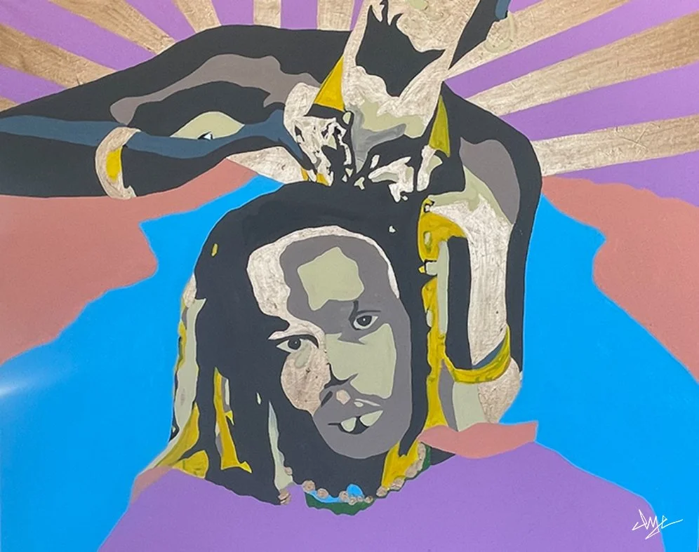 Colorful abstract portrait of a woman with dreadlocks, wearing jewelry, with a hand on her head and a background of purple and gold rays.