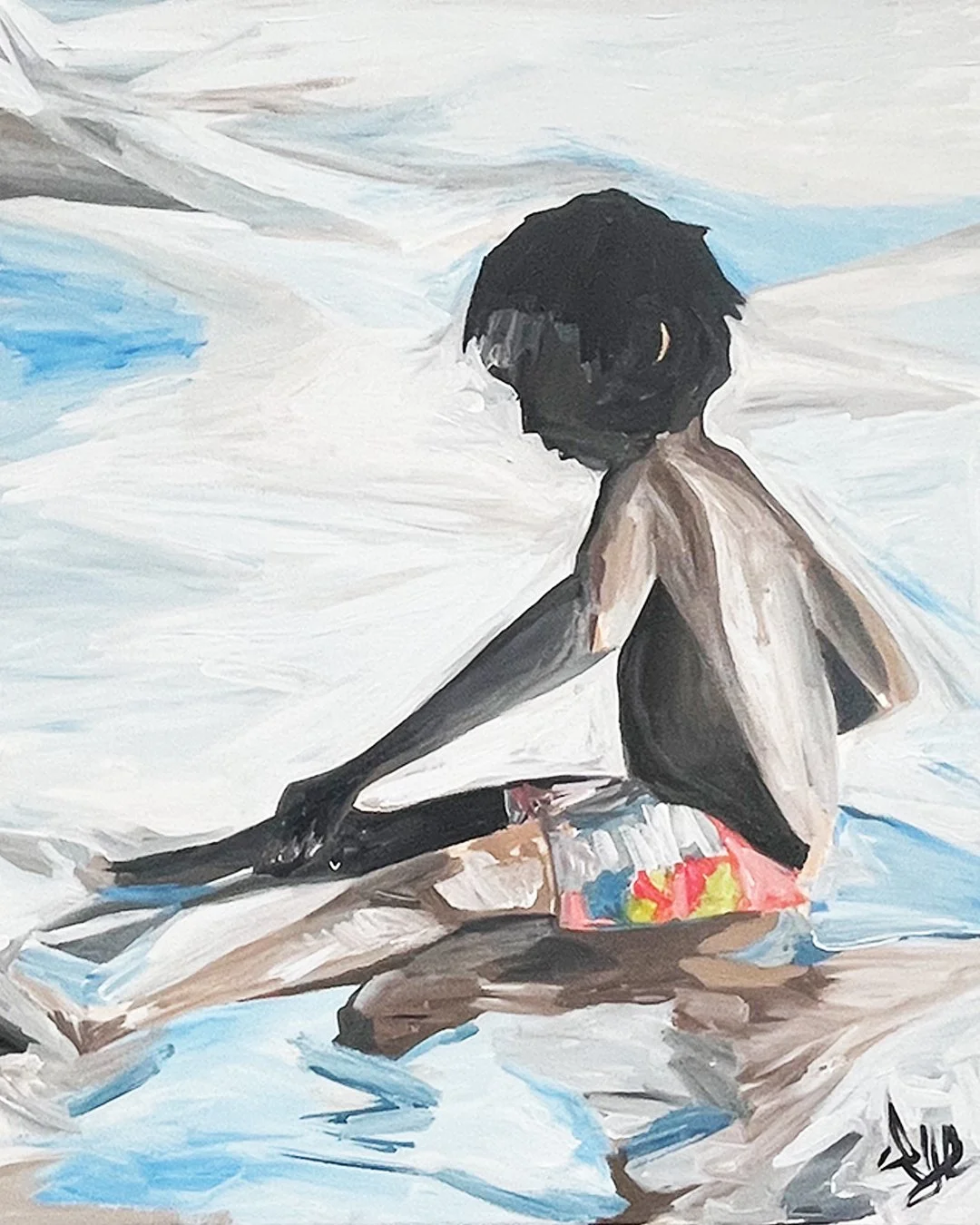 Painting of a young person with dark hair sitting on rocks by the water, wearing colorful shorts, with a cloudy sky in the background.