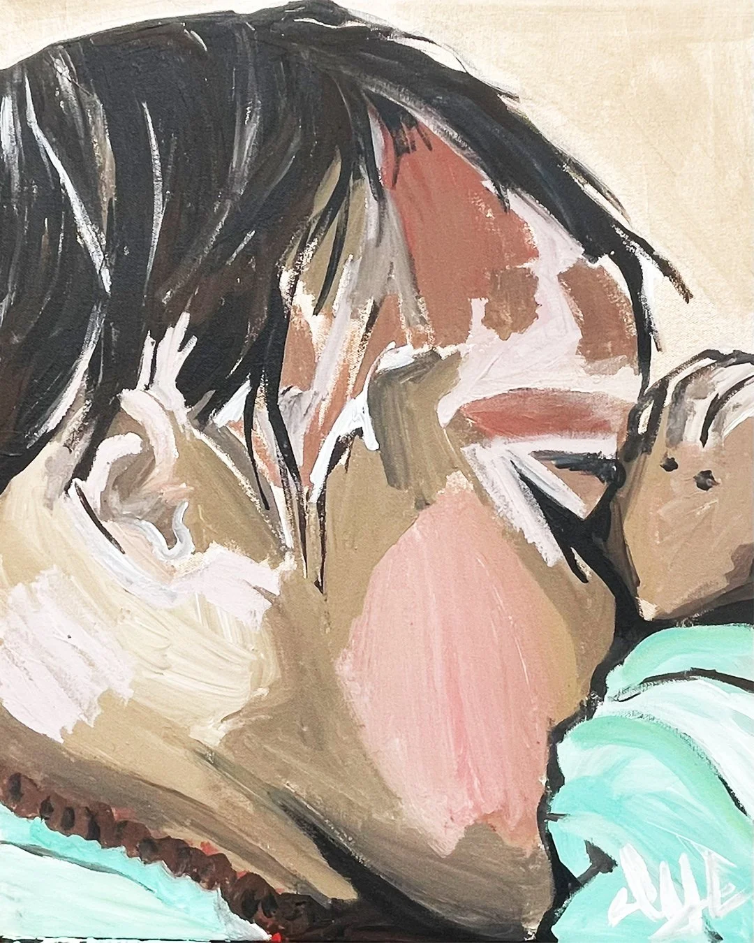 A colorful abstract painting of two people sharing a kiss, with one person wearing glasses and the other with dark hair.