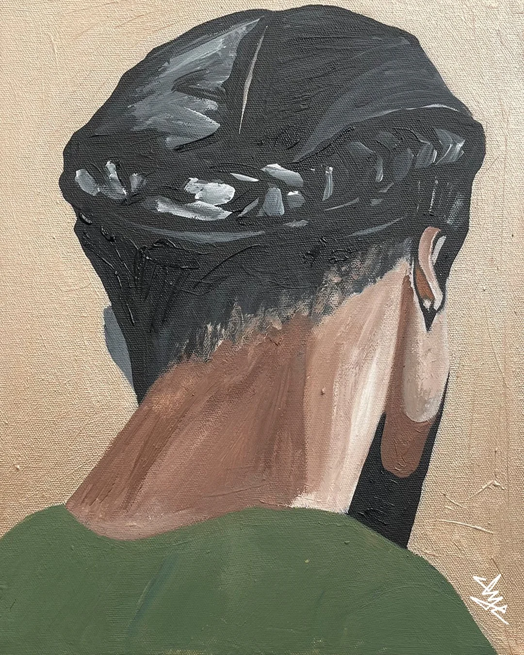 A painting of the back of a person's head with black hair styled in an updo, wearing a green top, and an earring visible on the ear.
