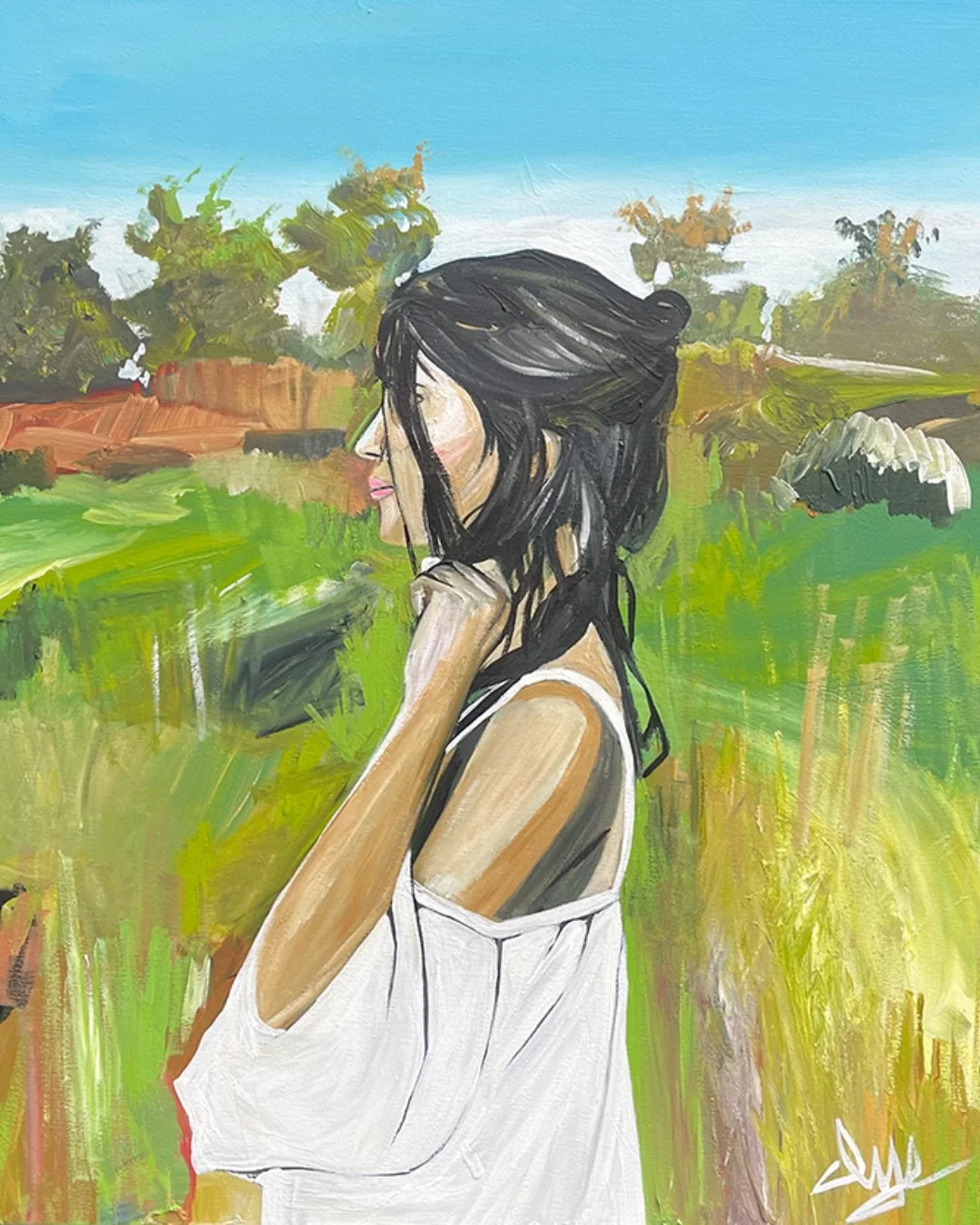 A painting of a woman with black hair in a loose bun, wearing a white top, standing outdoors in a green landscape with trees and a blue sky.