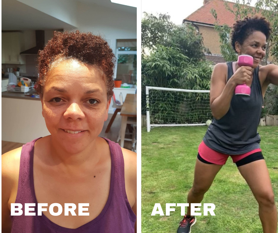 Side-by-side comparison of a woman before and after workouts. In the "Before" photo, she has short, curly hair and is indoors. In the "After" photo, she is outside, wearing athletic gear, holding a pink dumbbell, and appears to be exercising with a big smile.