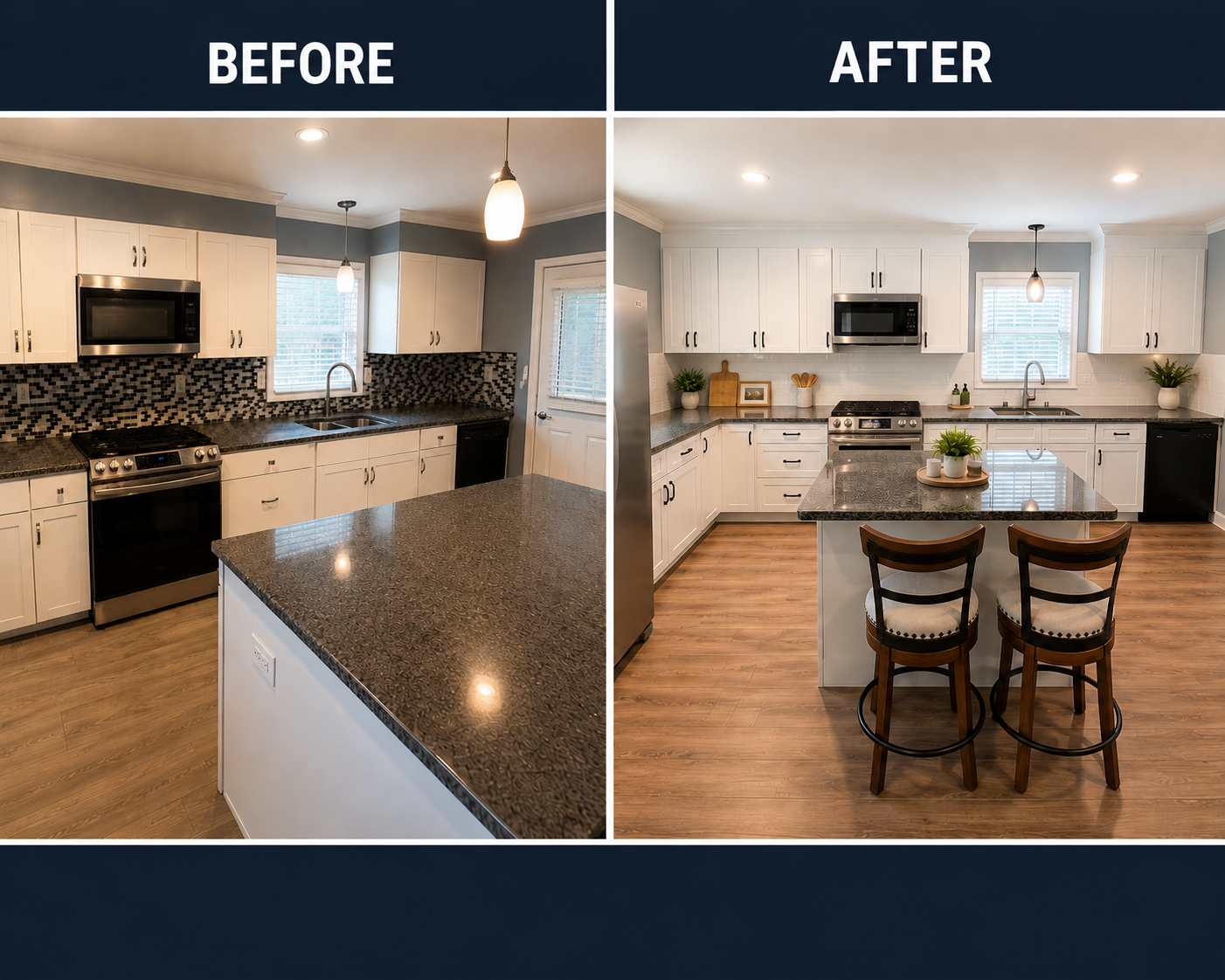 Kitchen upgrade featuring soft-close white shaker cabinetry, matte black hardware, and a white subway tile backsplash, creating a brighter, cleaner, and more modern space. - Louisburg, NC