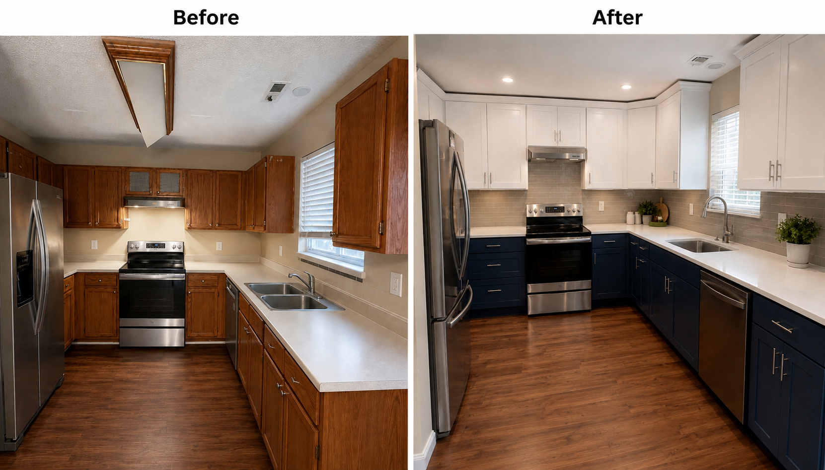 Full kitchen renovation featuring two-toned soft-close shaker cabinetry, quartz countertops, and a neutral backsplash, creating a brighter, modern space. - Durham, NC