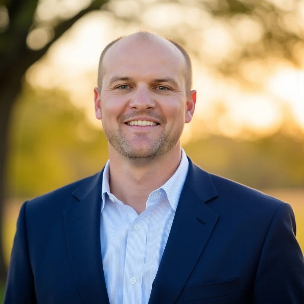 A man wearing a suit and white shirt smiling outdoors during sunset, with blurred trees in the background.
