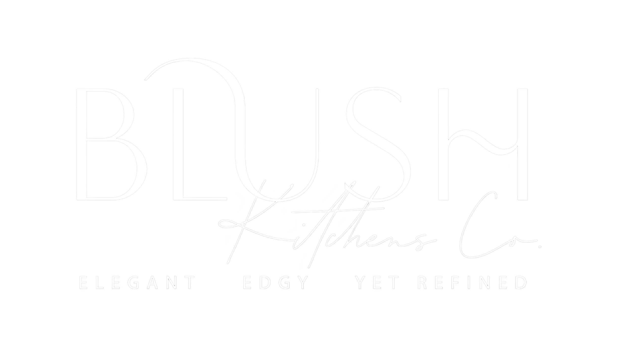 Logo for 'Blush Kitchens Co.' with black background, white stylized text, tagline 'Elegant, Edgy, Yet Refined'
