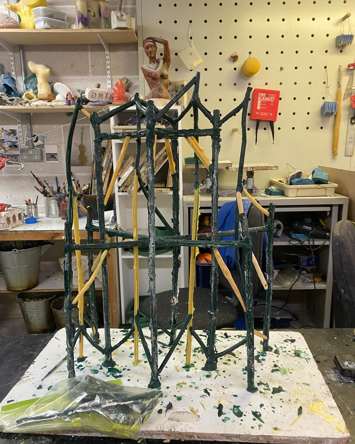 Here are some images of the process for lost wax casting for the legs that the plaster objects sit on.

With this mould I wanted to encourage flashing which is when cracks in the plaster form when in the kiln and then when the molten metal flows thro