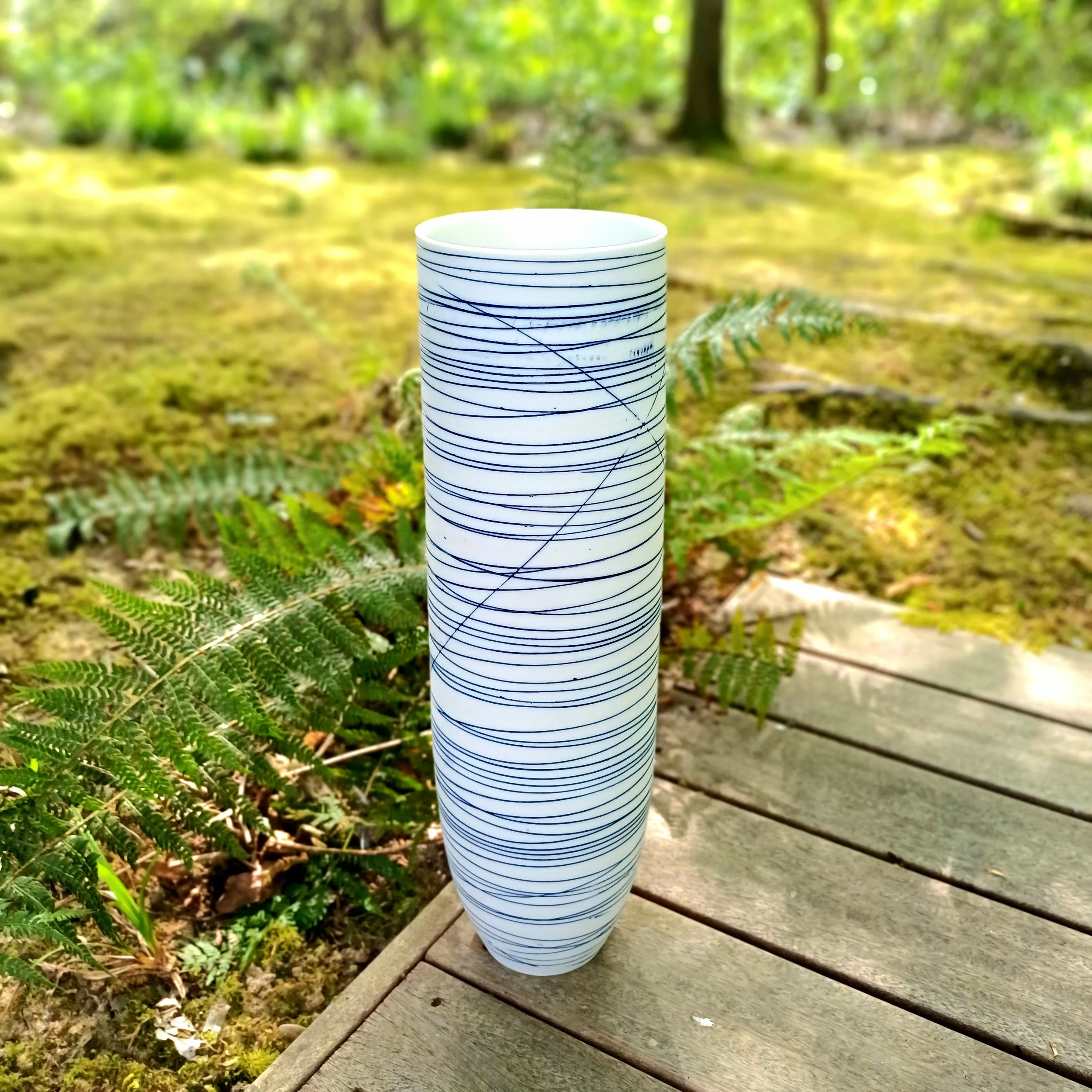 Tall cylinder vase (blue lines) by Ali Tomlin
