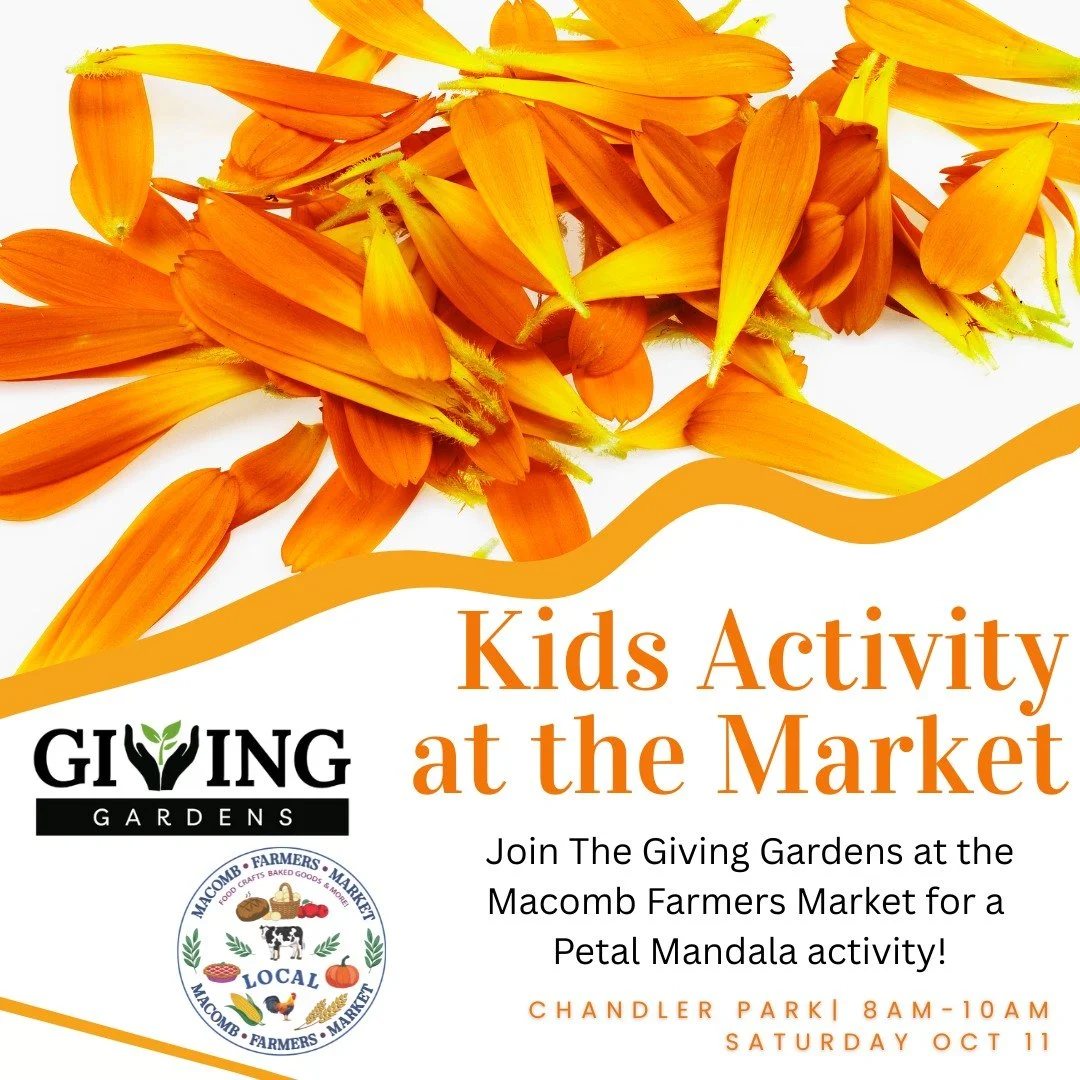 Today we are hosting a flower petal mandala kids activity from 8-10am at the Macomb Farmers Market! We hope to see you here!

#kidsday #kidsactivity #fun #flowerpetal #mandalas #MandalaArt #farmersmarket #macombfarmersmarket