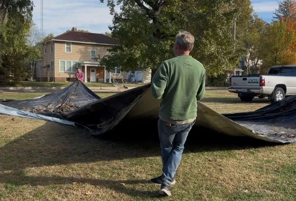 Wanting to plant a garden next year? Start now by laying down a tarp! This is a highly effective method to kill grass and loosen the soil, since insects, voles, and other creatures will till the ground for you!

Yesterday, we laid down a tarp at Proj